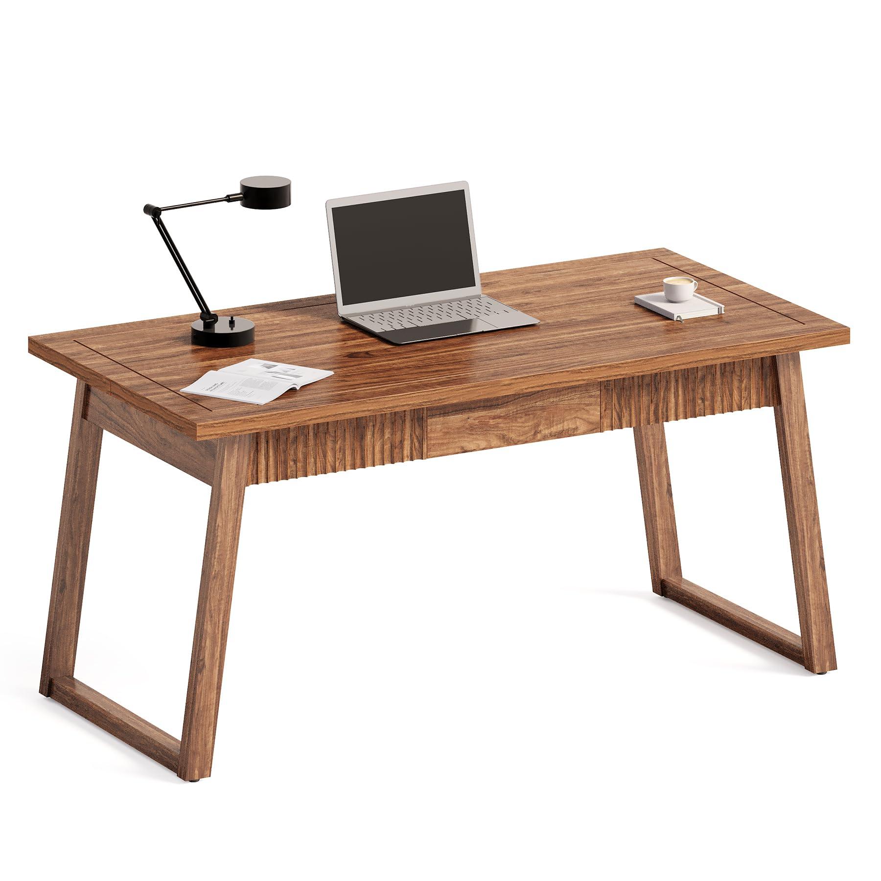LITTLE TREE 55-Inch Home Office Desk with Drawer, Modern Minimalist Style Wooden Simple Study Writing Table, Mid-Century Log Executive Desk, Computer Desk, PC Laptop Desk Workstation, Walnut Brown
