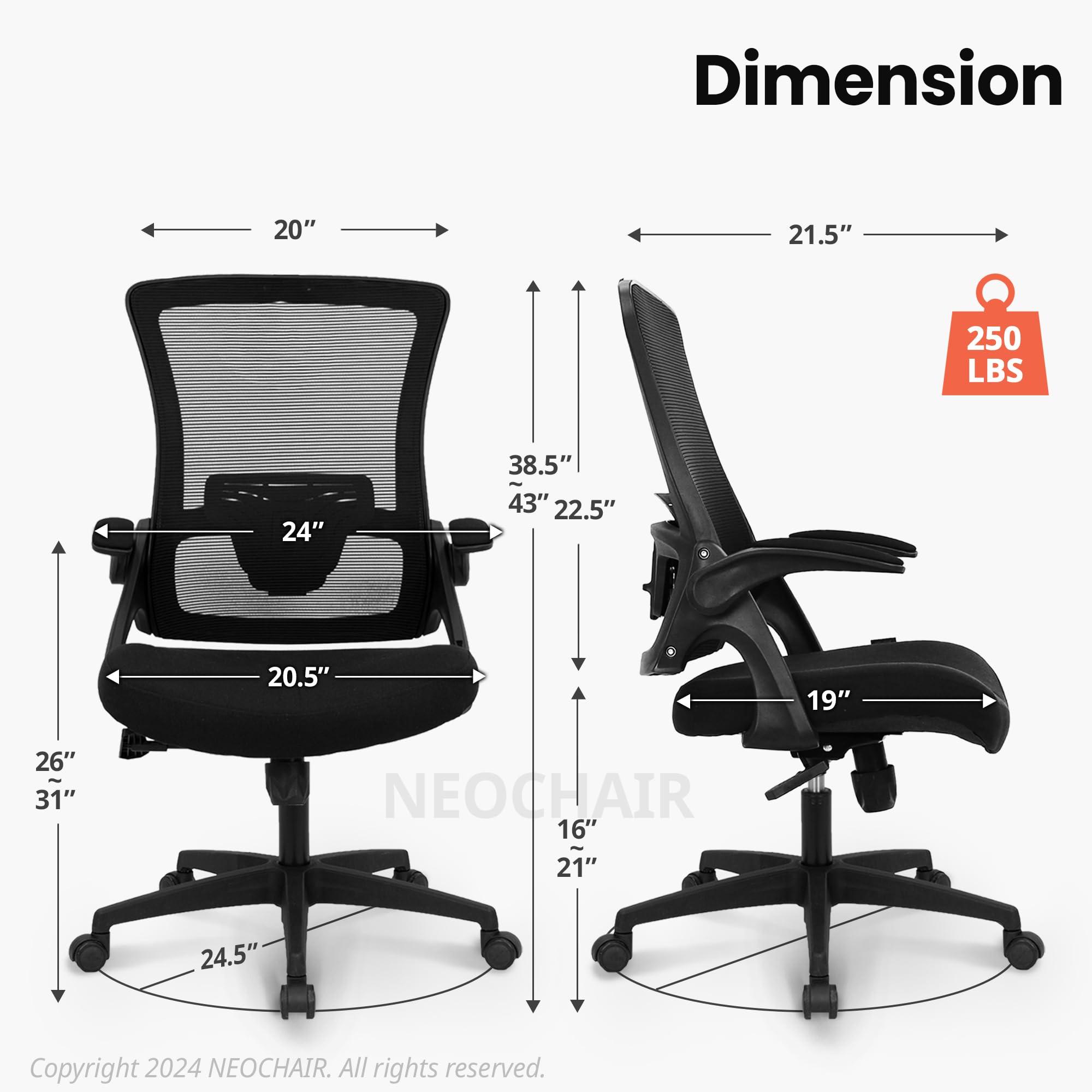 NEO CHAIR Office Desk Chair Computer High Back Mesh Gaming Seat with Ergonomic Adjustable Comfy Flip-up Armrests Lumbar Support Height for Home (Black) - Image 2