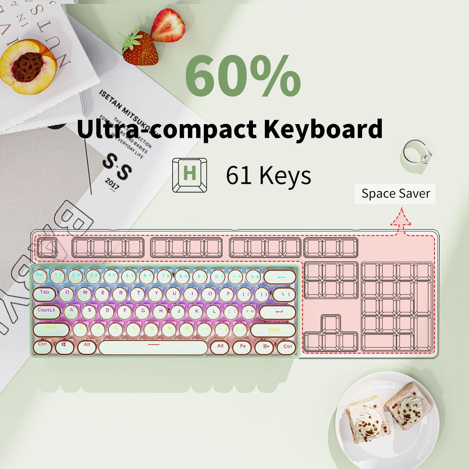 EWEADN G61 Typewriter Keyboard Wireless Mechanical Keyboards, 60% Mini Typewriter Keyboard with Rainbow Backlit, Anti-Ghosting, Red Switch Bluetooth/2.4GHz/USB-C Cute Aesthetic Keyboards-Green - Image 7