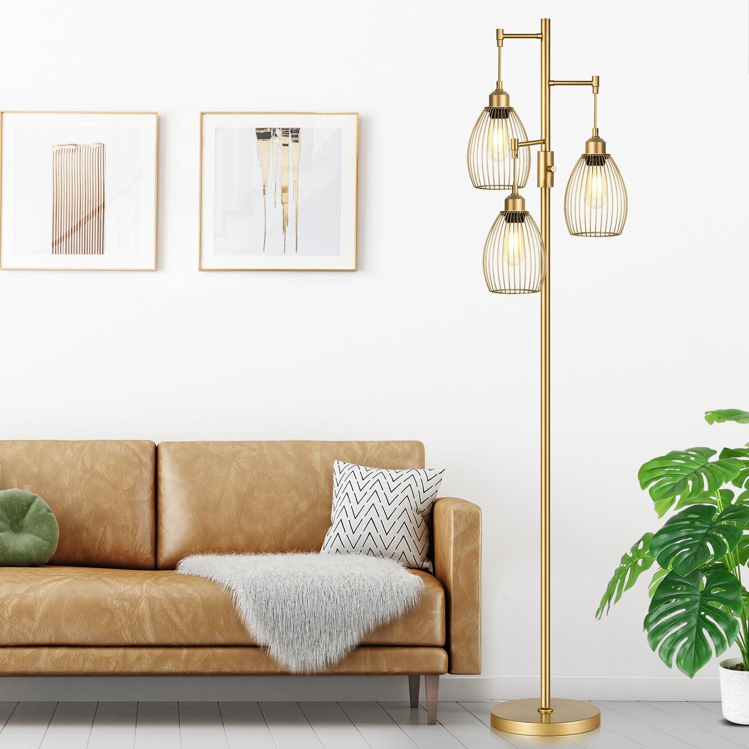 Dimmable Industrial Floor Lamps for Living Room, Gold Tree Standing Tall Lamps with 3 Elegant Teardrop Cage Head & 800 Lumens LED Bulbs for Bedroom Office - Image 6