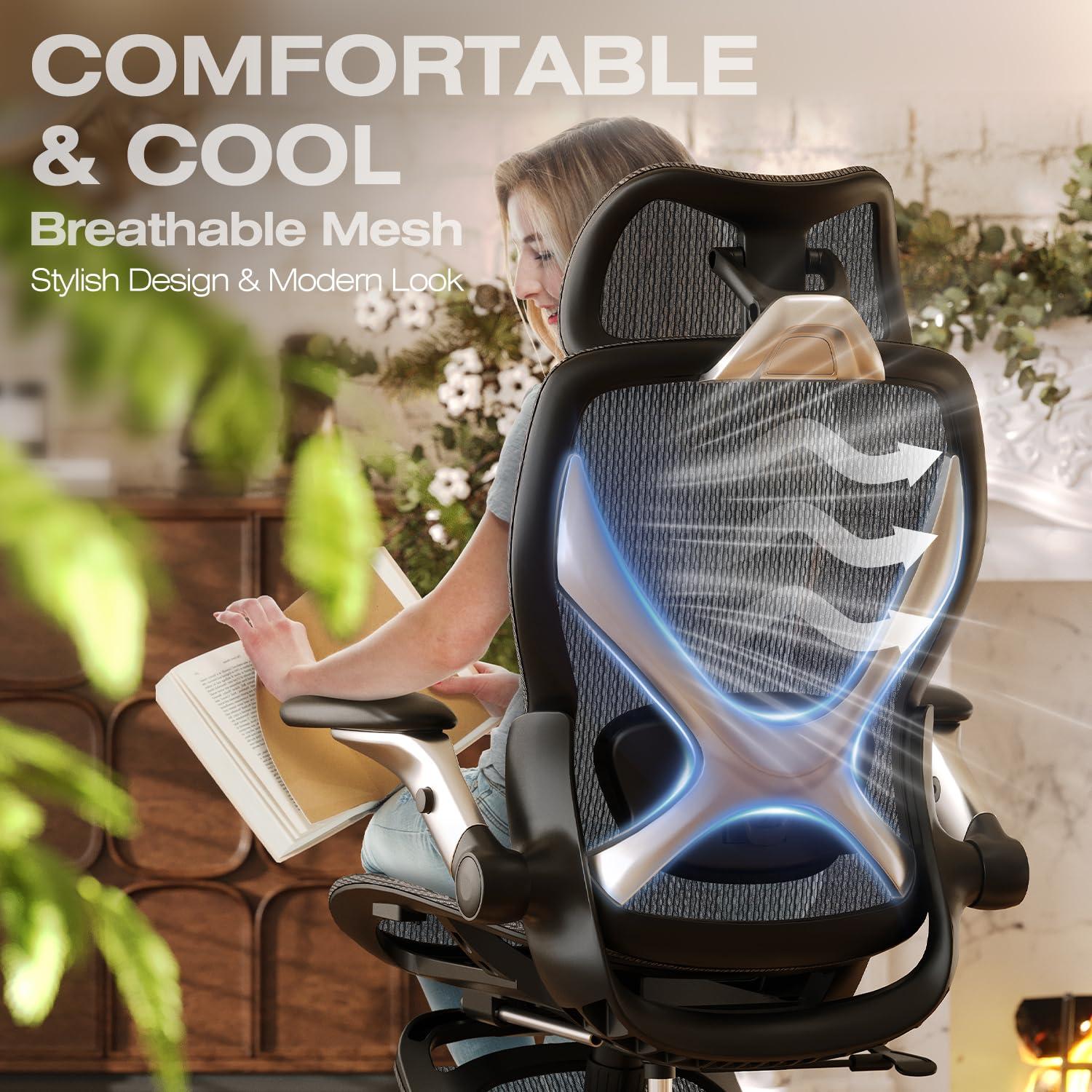 ELABEST X100 Ergonomic Office Chair with Footrest, Big and Tall Home Desk Chair with 5D Flip-Up Arms, Adjustable 3D Adaptive Lumbar Support,High Back Rolling Computer Chair, Swivel Gaming Mesh Chairs - Image 9