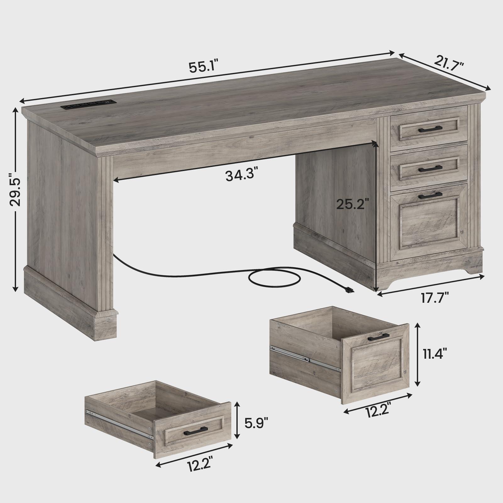 SEDETA Executive Office Desk with 3 Drawers, Farmhouse 55" Computer Desk with Storage File Drawers & Power Outlet for Home Office, Grey - Image 2