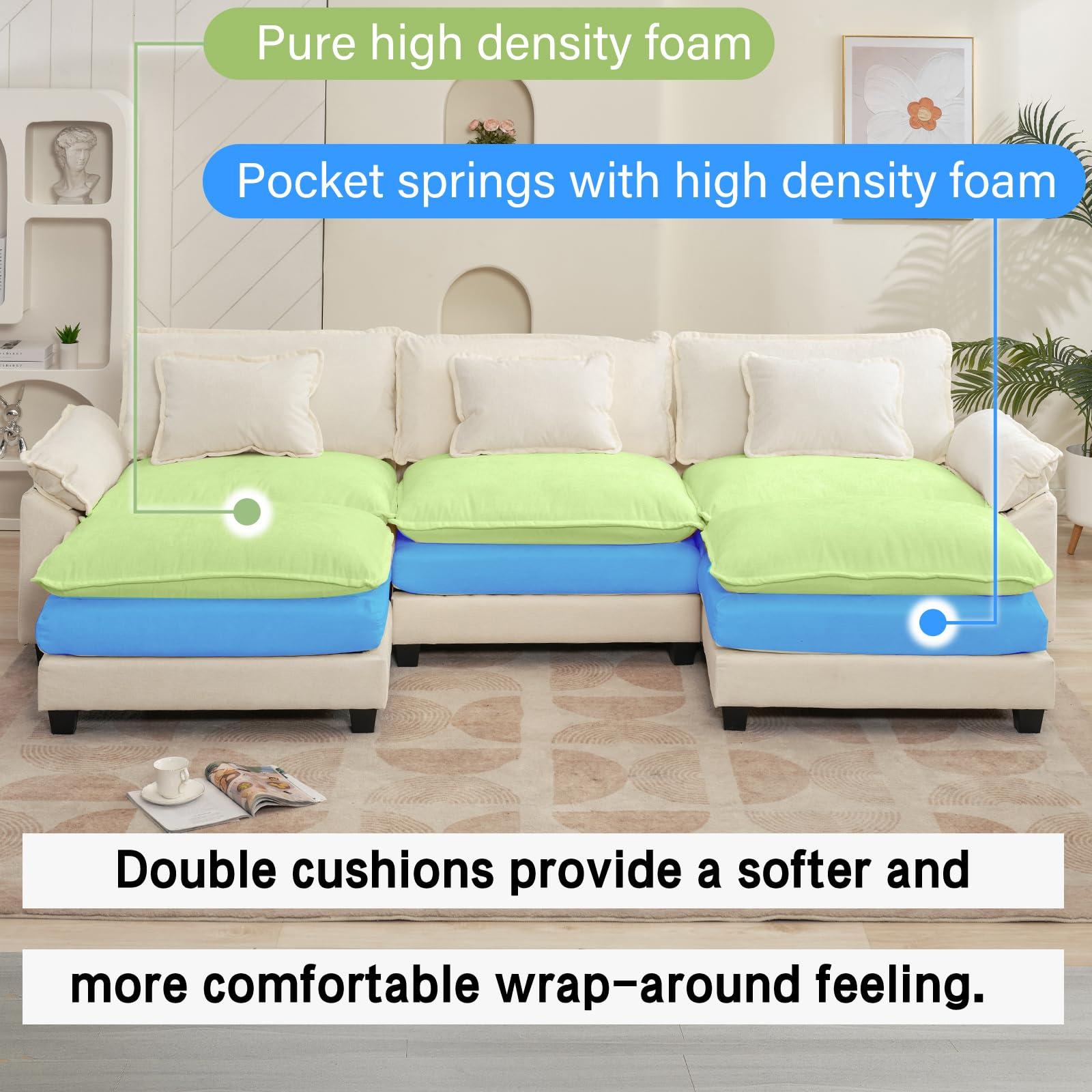 Oprisen 120" Modular Sectional Sofa, Comfy Cloud Couch Sectional Sofa with Ottoman, Chenille Sofa Sleeper Deep Seat Sofa with Throw Pillows for Living Room (Beige White, 120"- U Shape) - Image 3