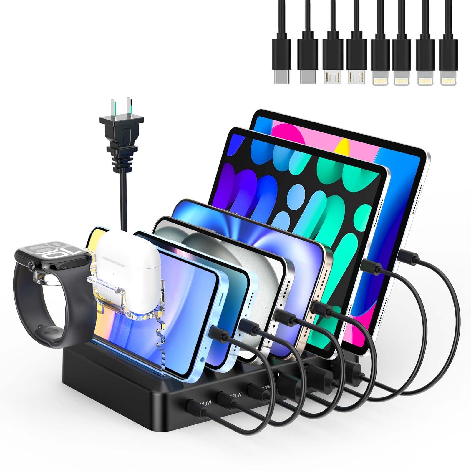 Catlyn Charging Station for Multiple Devices, 6 Port 90W Fast Charger Stations with 8 Mixed Charger Cables Organizer Dock,Compatible for Cell Phone,Tablet, Kindle, iPhone iPad for Family Home Office