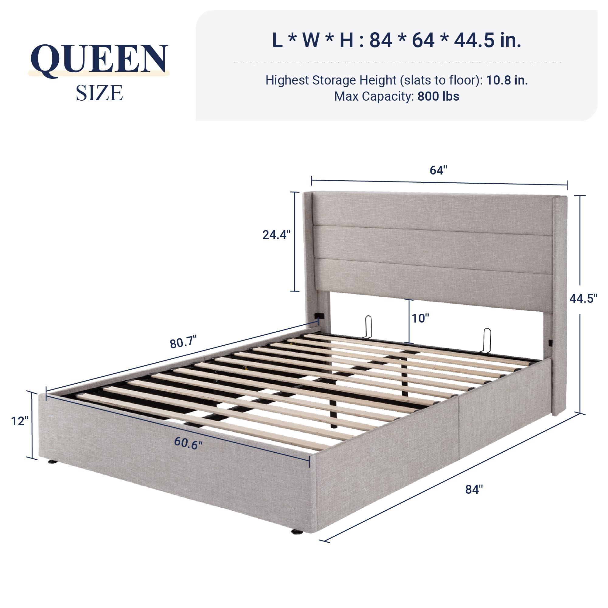 Allewie Queen Size Lift Up Storage Bed, Modern Wingback Headboard, Hydraulic Support, No Box Spring Needed, Light Beige - Image 2