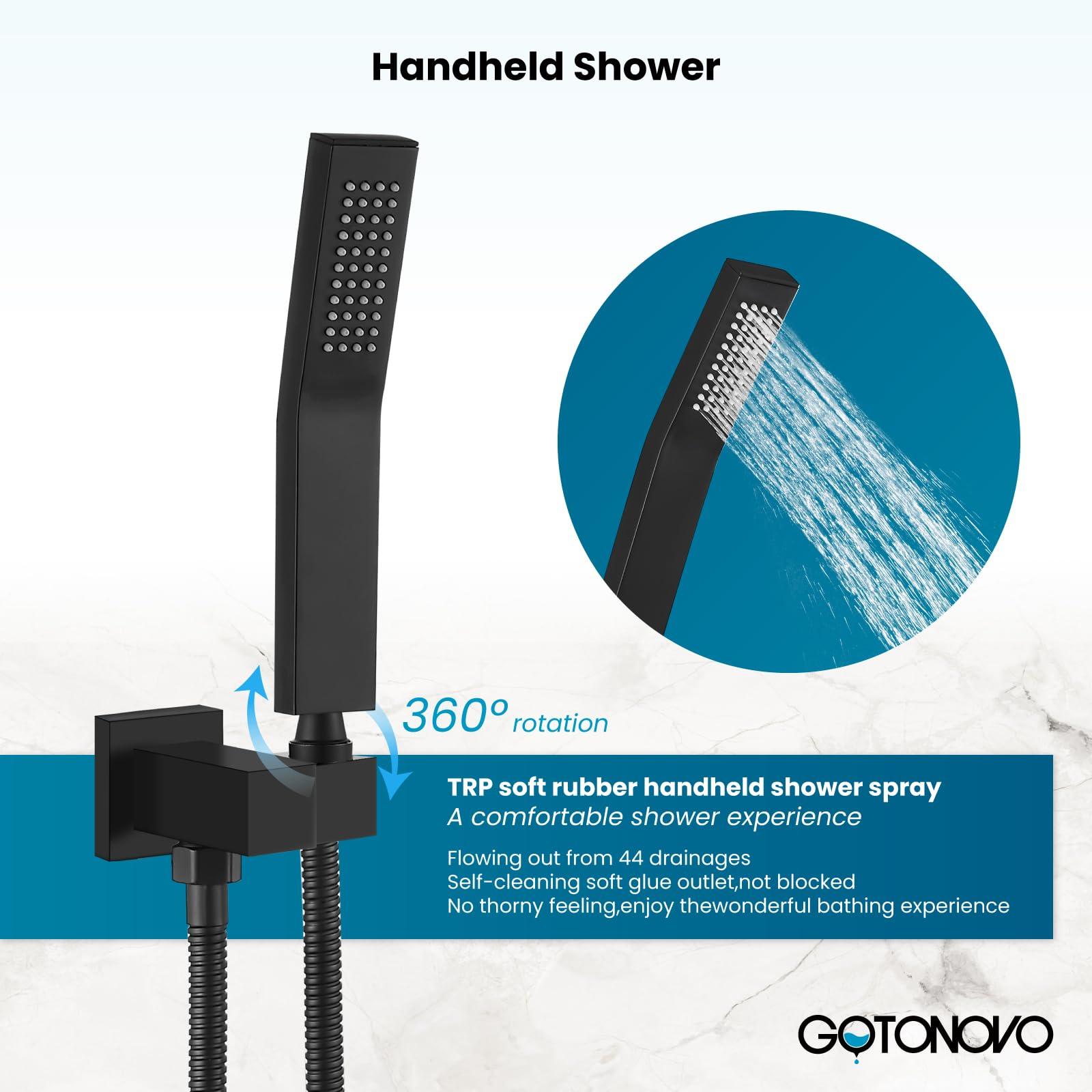 gotonovo Shower System with Tub Spout,Waterfall Tub Shower Faucet Set for Bathroom Head and Handle Set Wall Mounted 3 Function Rough-in Valve and Trim Included 10 inch Shower Head Matte Black - Image 5