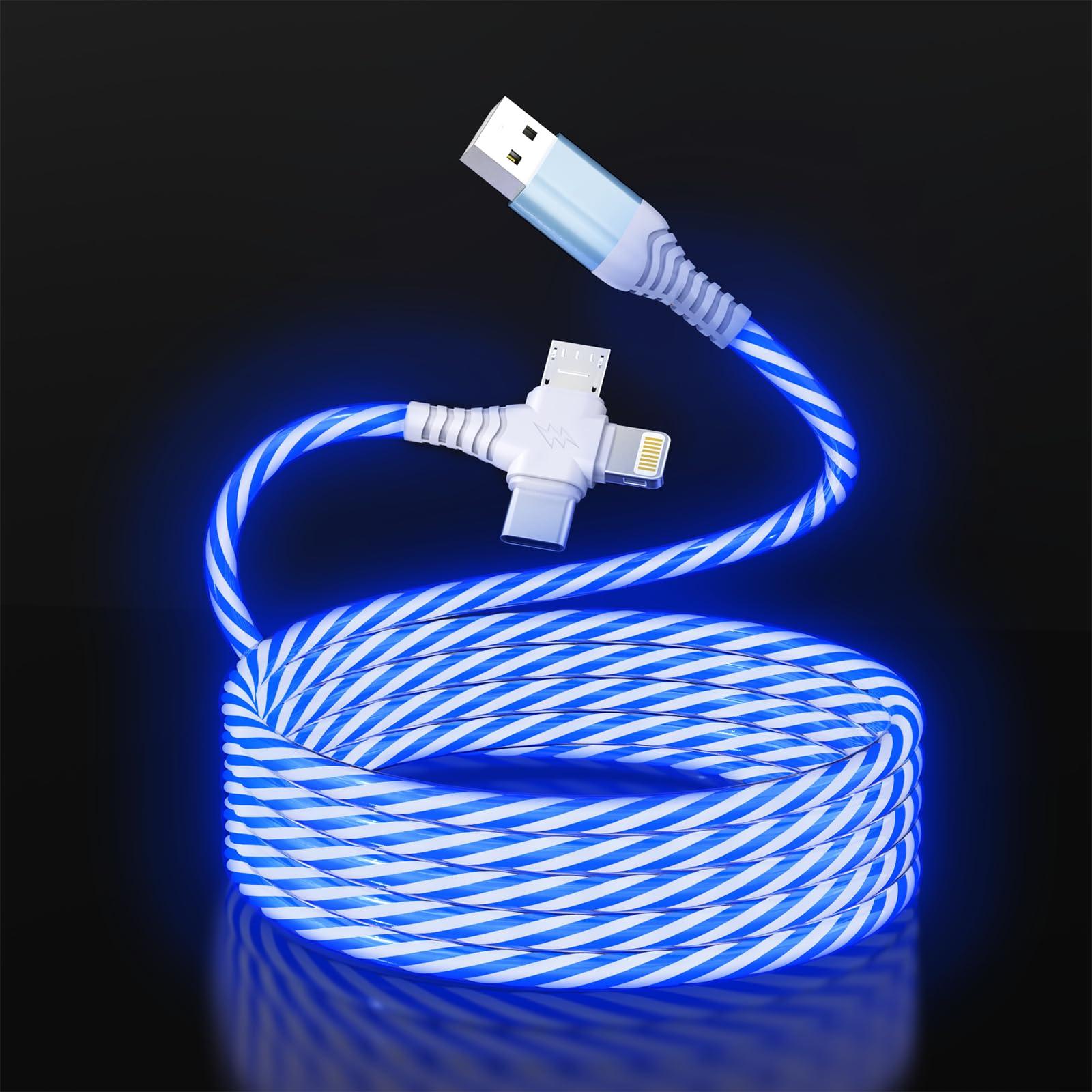 3-in-1 LED Light Up Flowing Multi iPhone Charger Cable,Lightning/Type C/Micro USB Car RGB Glowing Connector Cord for Apple iPhone 15/14/13/12/11 Pro Max/XR/XS/SE,iPad/Android/Samsung(6.6FT/2M Blue)
