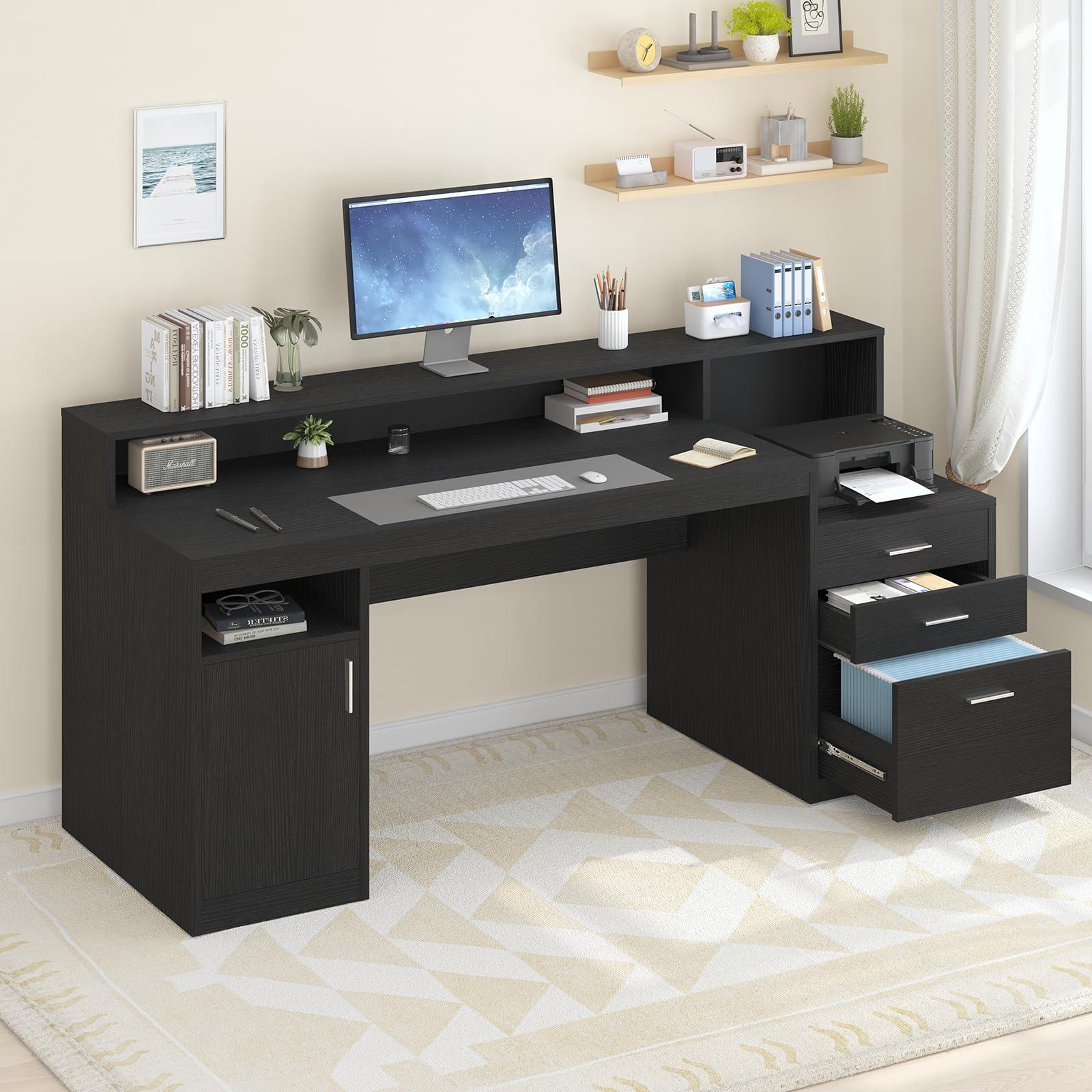 YOMILUVE Computer Desk with 3 Drawer & Storage Shelves, Home Office Desk with File Drawer & Cabinet, Writing Study Table with Long Monitor Stand & Printer Shelf, Executive Desk, Black - Image 3