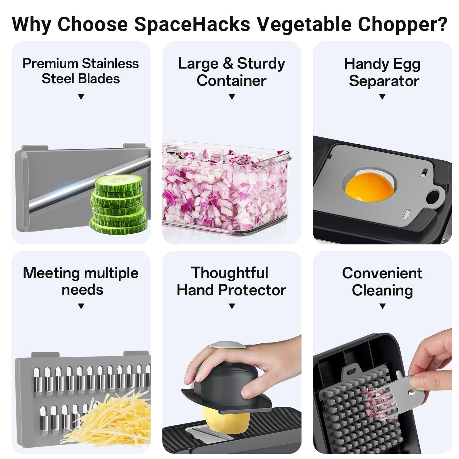 SpaceHacks 12-in-1 Vegetable Chopper, Kitchen Gadgets with 7 Blades, Veggie, Food, Onion Chopper, Cucumber Slicer, Versatile Mandoline, Includes Egg Separator & Finger Guard, Gray - Image 3