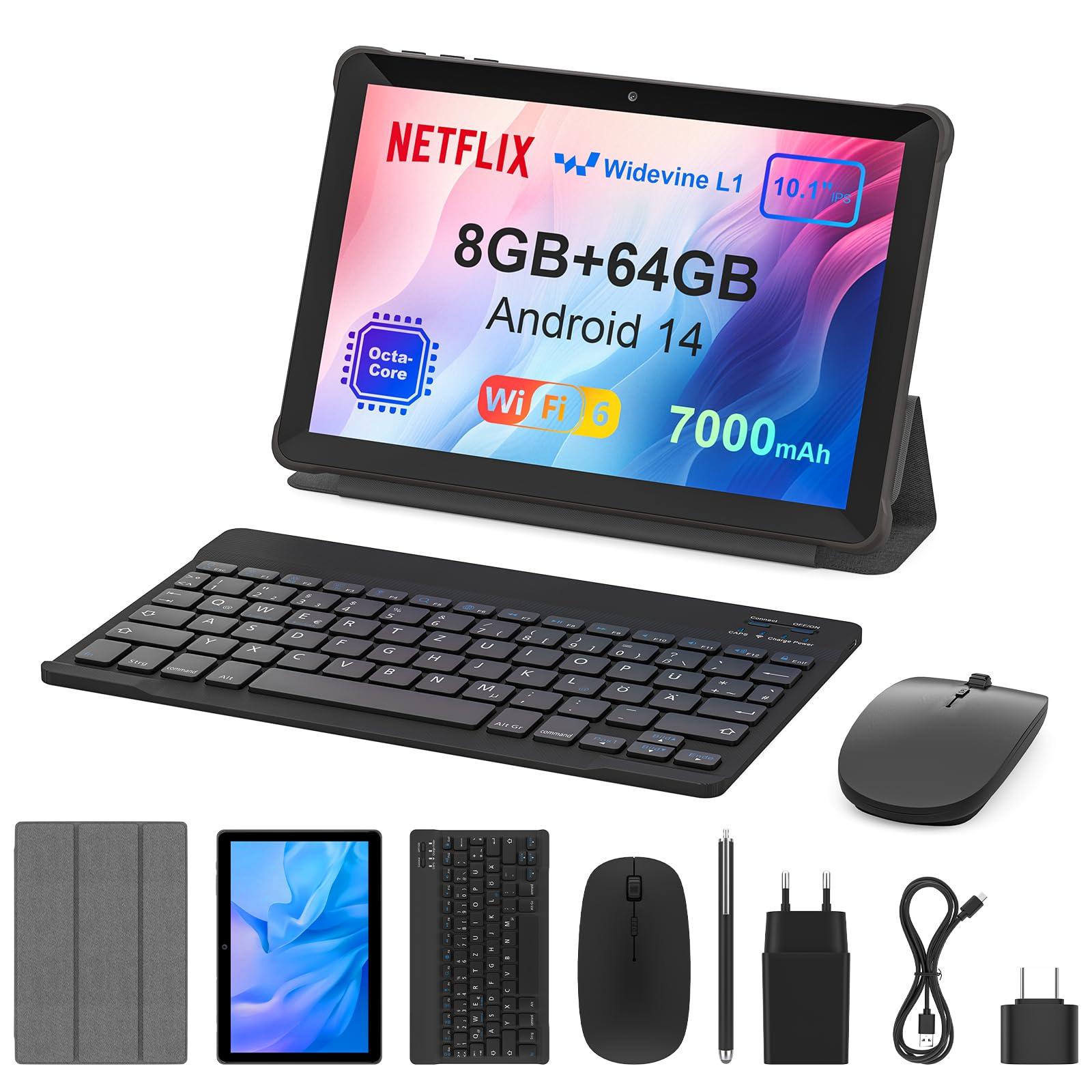 AWOW Tablet 10 inch with Keyboard: Android 14 8GB+64GB Widevine L1 8-Core CPU Tablet PC 7000mAh Battery Face Recognition Metal Body with Keyboard, Mouse, Type C, Adapter, Case, OTG Adapter, Pen