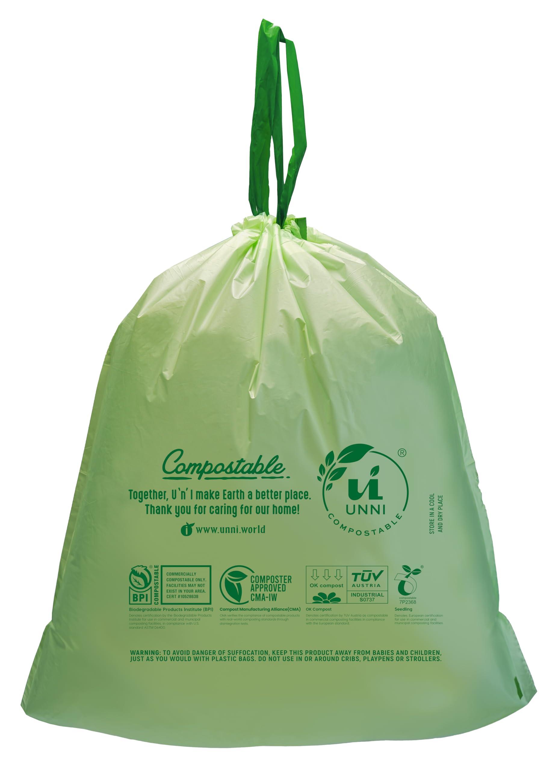 UNNI Compostable Drawstring Bags, 13 Gallon, 49.2 Liter, 30 Count, Heavy Duty 1 Mil, Tall Kitchen Food Scrap Waste Bags, ASTM D6400, US BPI, CMA & Europe OK compost Certified, San Francisco - Image 3