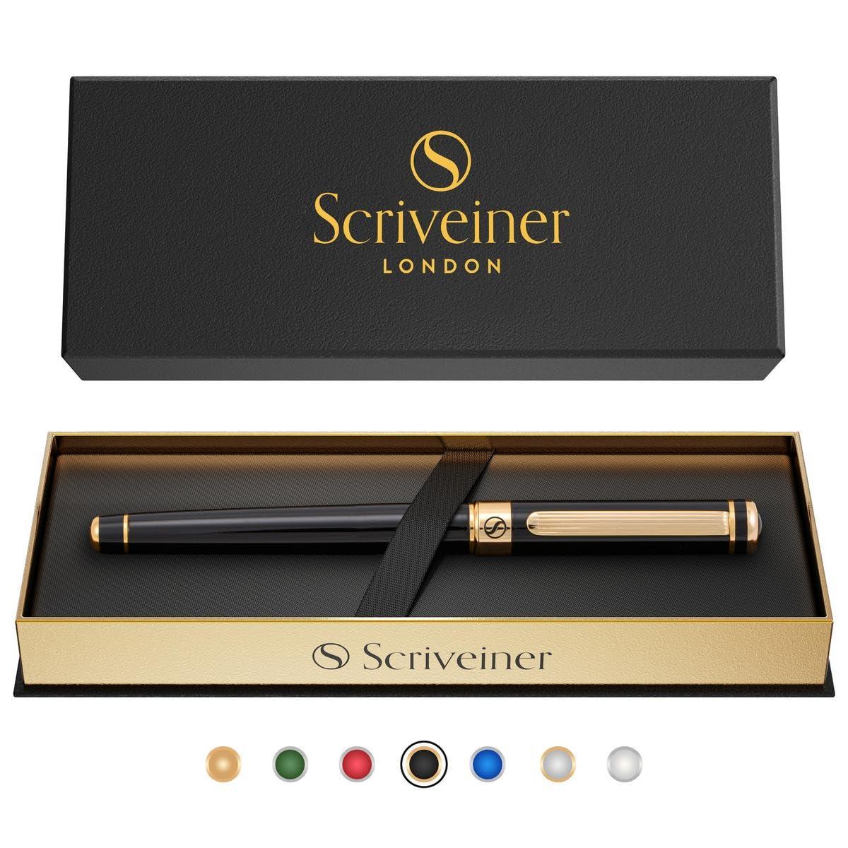 Scriveiner Black Lacquer Rollerball Pen - Stunning Luxury Pen, Real Gold Plating, Schmidt Ink Refill, Best Roller Ball Gift Set for Men & Women, Professional, Executive Office, Nice Pens