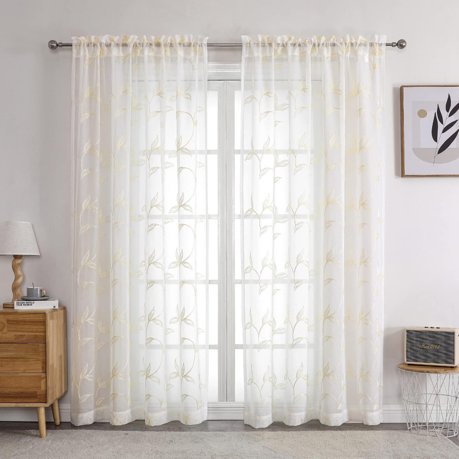 VISIONTEX Sheer Curtains 84 inch Length 2 Panels Set, White Voile Crushed Cream Vine Leaves Embroidery, Rod Pocket Embroidered Window Drapes for Living Room and Bedroom, 54" x 84" - Image 2