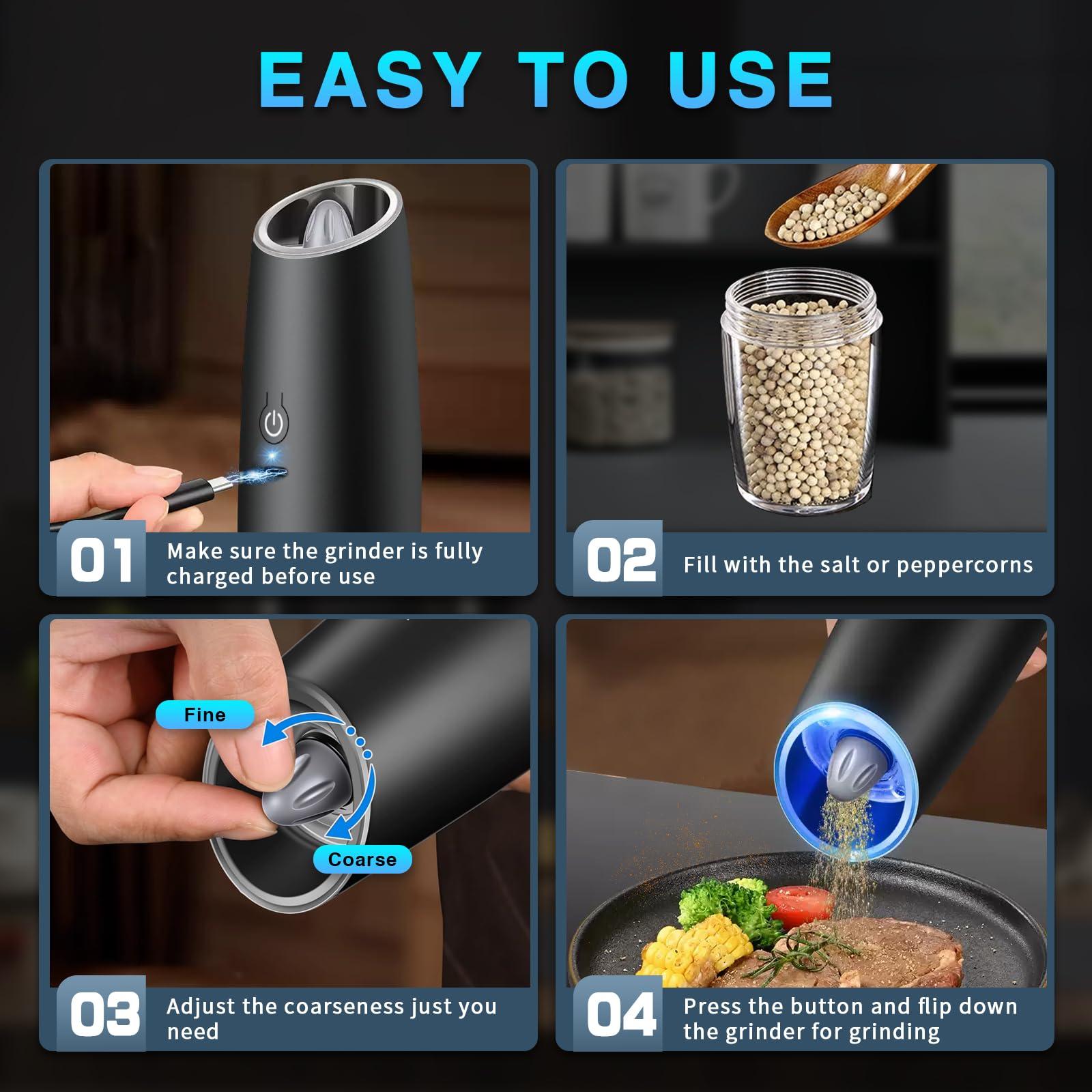 Haomacro Electric Salt and Pepper Grinder Set, Rechargeable Salt and Pepper Shaker with Adjustable Coarseness And LED Light, Automatic Pepper Mills for Kitchen (Black - 2 PCS) - Image 7