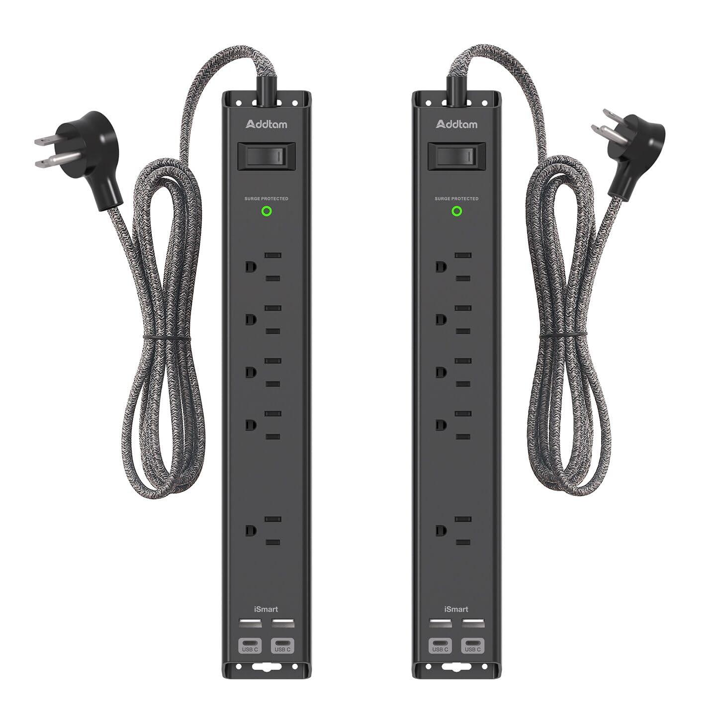 2 Pack Power Strip Surge Protector - 6Ft Extension Cord with 5 Widely Outlets 4 USB (2 USB C) Port, 1875W/15A, Wall Mount, Flat Plug, Desk Charging Station for Home Office College Dorm Room Essentials