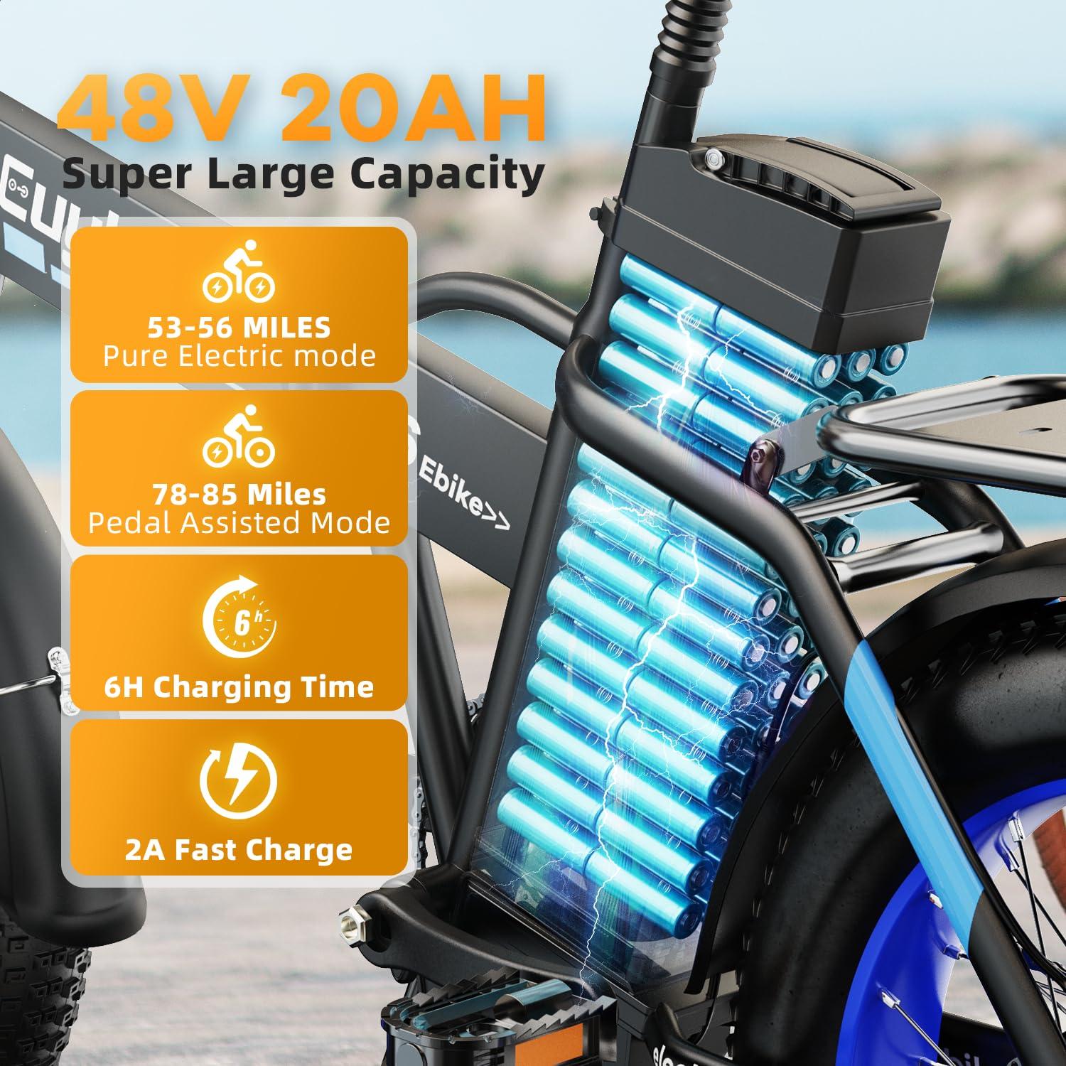 bluebiko 1000W Folding Electric Bike, 48V 20AH Large Removable Battery E Bike, 30+MPH, 80 Miles Max Range, 20" Fat Tire Electric Bike for Adults, Adult Electric Bicycles for Commute Beach Snow - Image 3