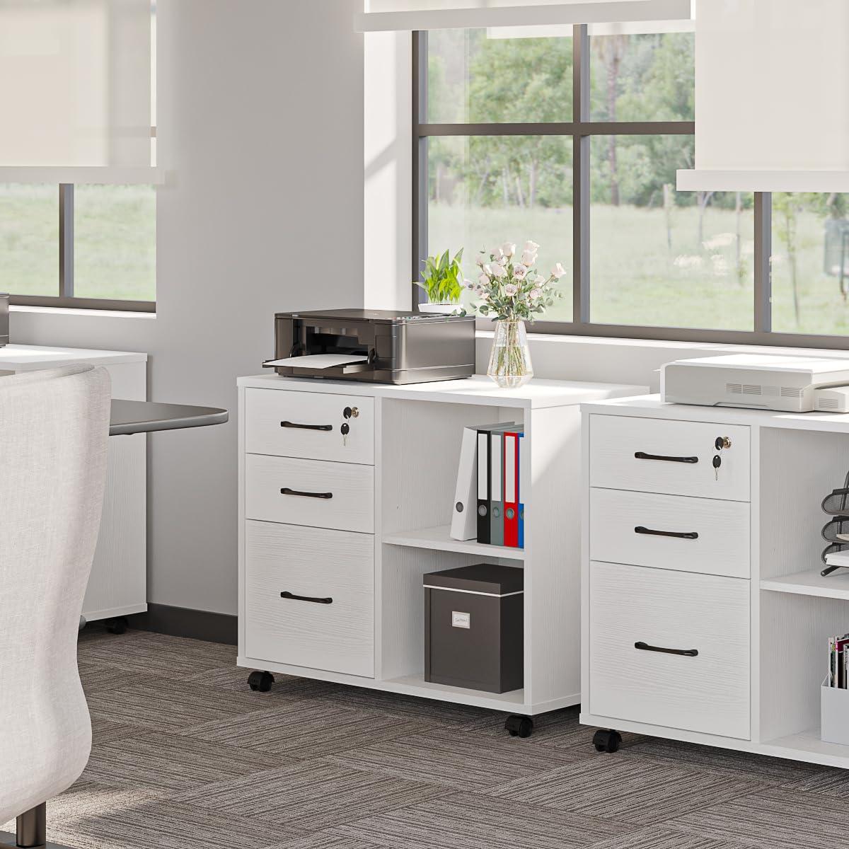 3 Drawer File Cabinets, Mobile Lateral Printer Stand with Open Shelf, Rolling Filing Cabinet with Wheels Home Office Organization and Storage (White) - Image 9