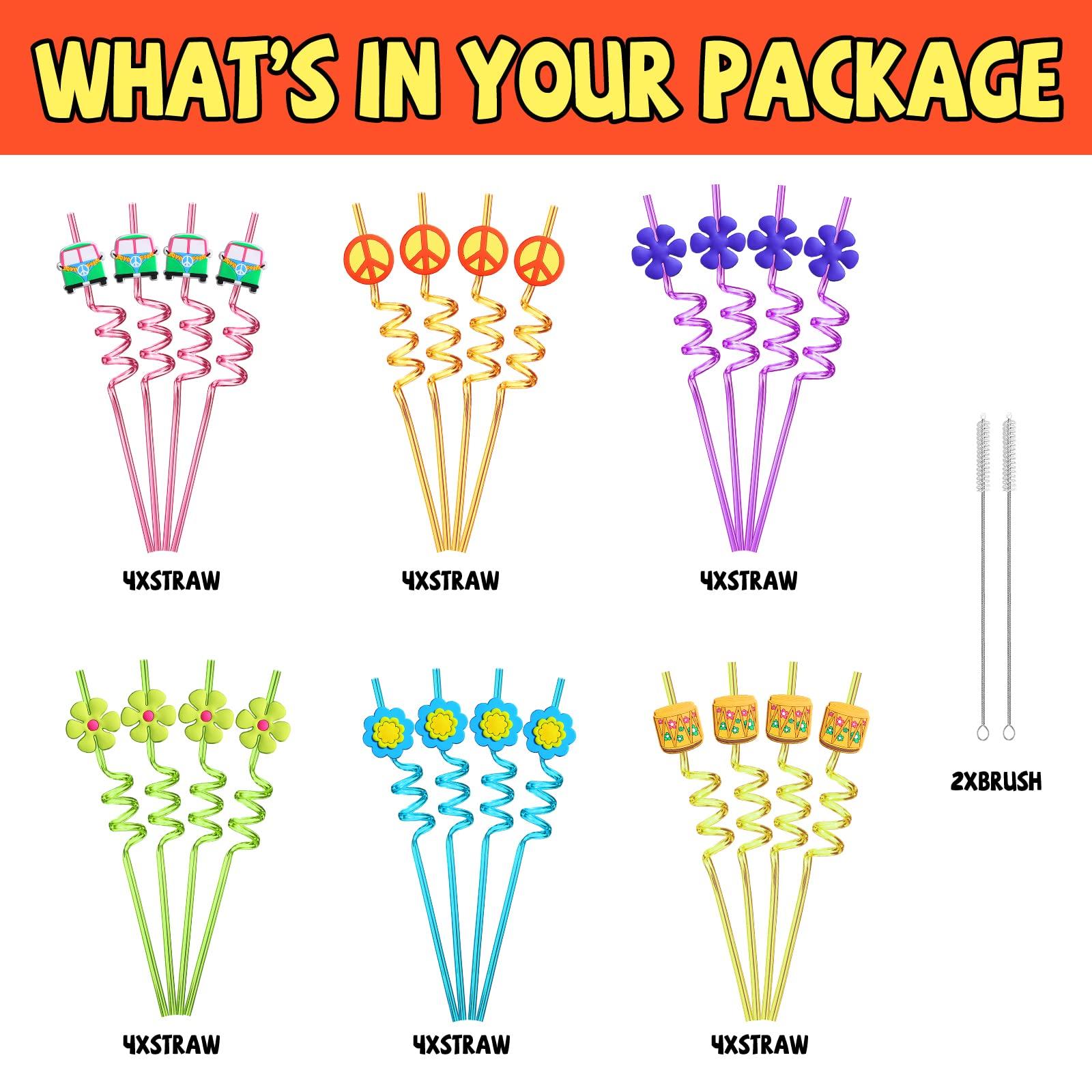 24 60's Hippie Theme Party Favors Retro Flower Cutouts Peace Drinking Straws for 60s Groovy Party Supplies Tie Dye Birthday Party Supplies with 2 PCS Straws Cleaning Brush - Image 4