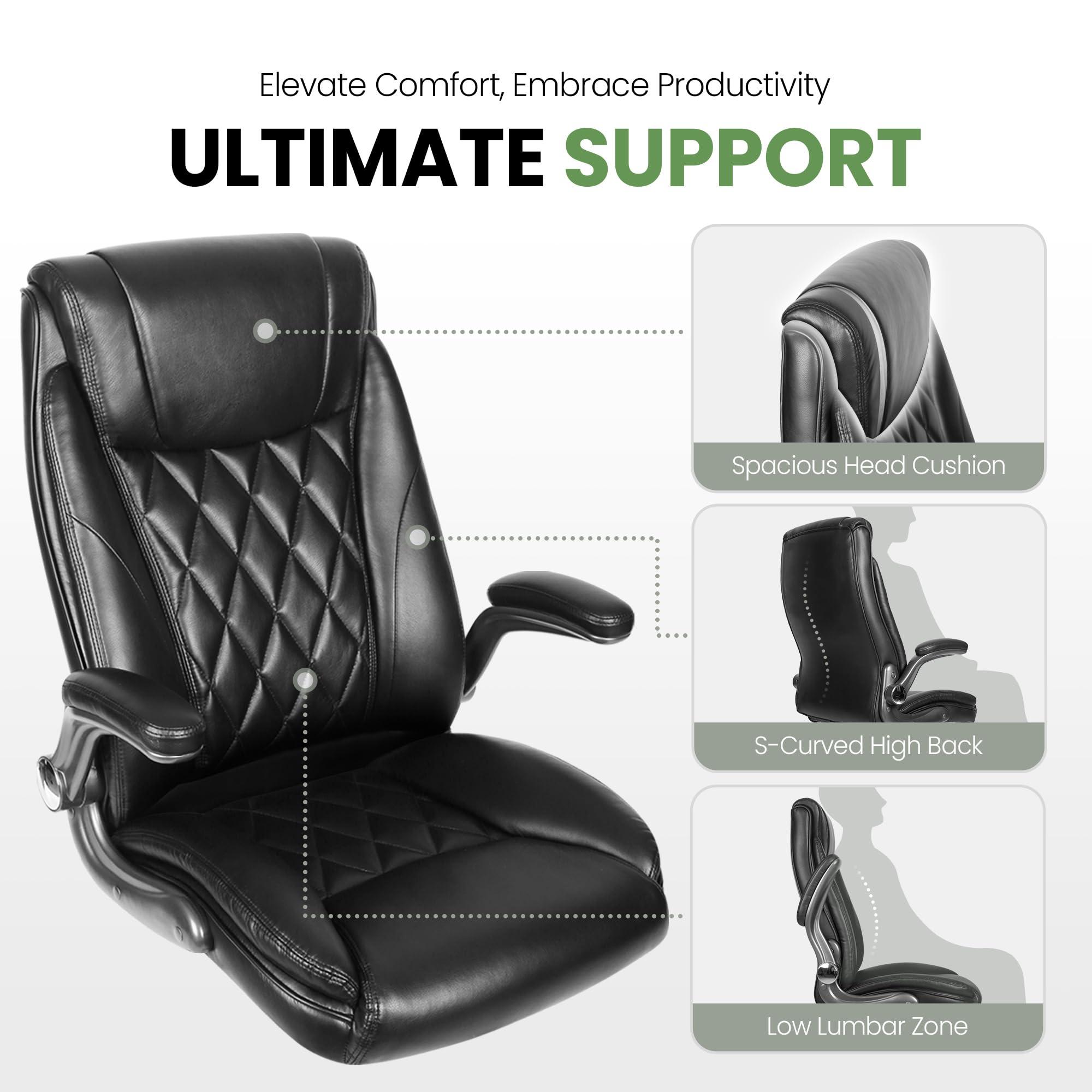 NEO CHAIR Executive Office Chair Ergonomic PU Leather High Back Computer Desk Chair for Home and Office Adjustable Flip-Up Armrests Lumbar Support Comfy Swivel Task Tilt Rocking (Black) - Image 4