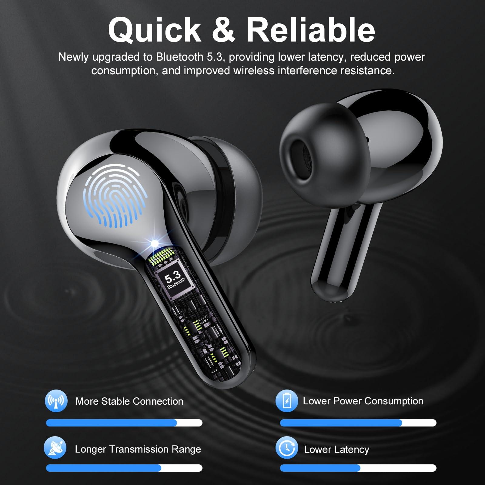 Wireless Earbuds, Bluetooth 5.3 Headphones HiFi Stereo, Bluetooth Earbuds with ENC Noise Cancelling Mic, IP7 Waterproof in Ear Earphones, 48H, LED Display Ear buds for Phones Workout, Mysterious Black - Image 2