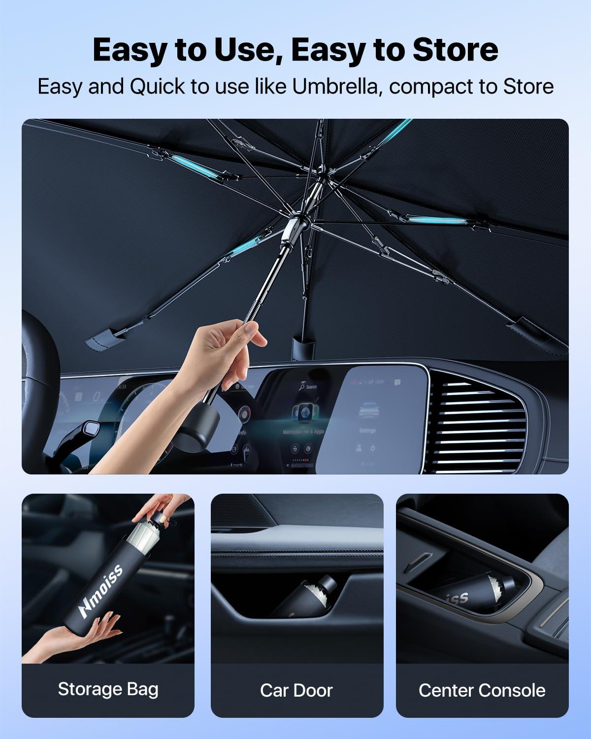 [2025 Upgrade] Nmoiss Windshield Sun Shade Umbrella - [Vinyl Coating Heat Shield] Protect Car from Sun Rays & Heat Damage Keep Cool and Protect Interior, Spring Structure Edge Medium 56" L x 31" W - Image 6