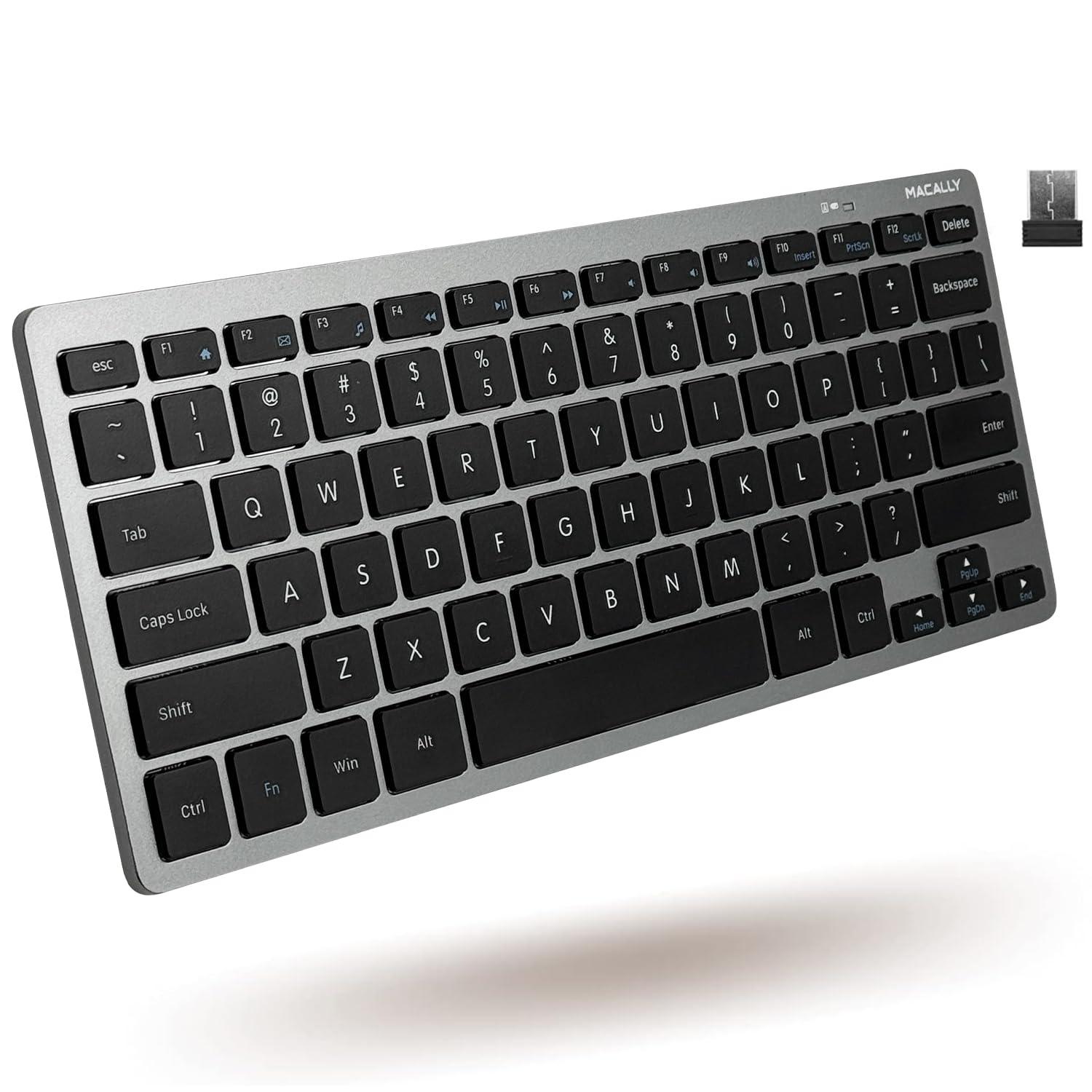 Macally Small Wireless Keyboard | Mini Keyboard for PC - Slim, Quiet & Portable for Laptop, Desktop PC, Surface, Chromebook - Space Gray