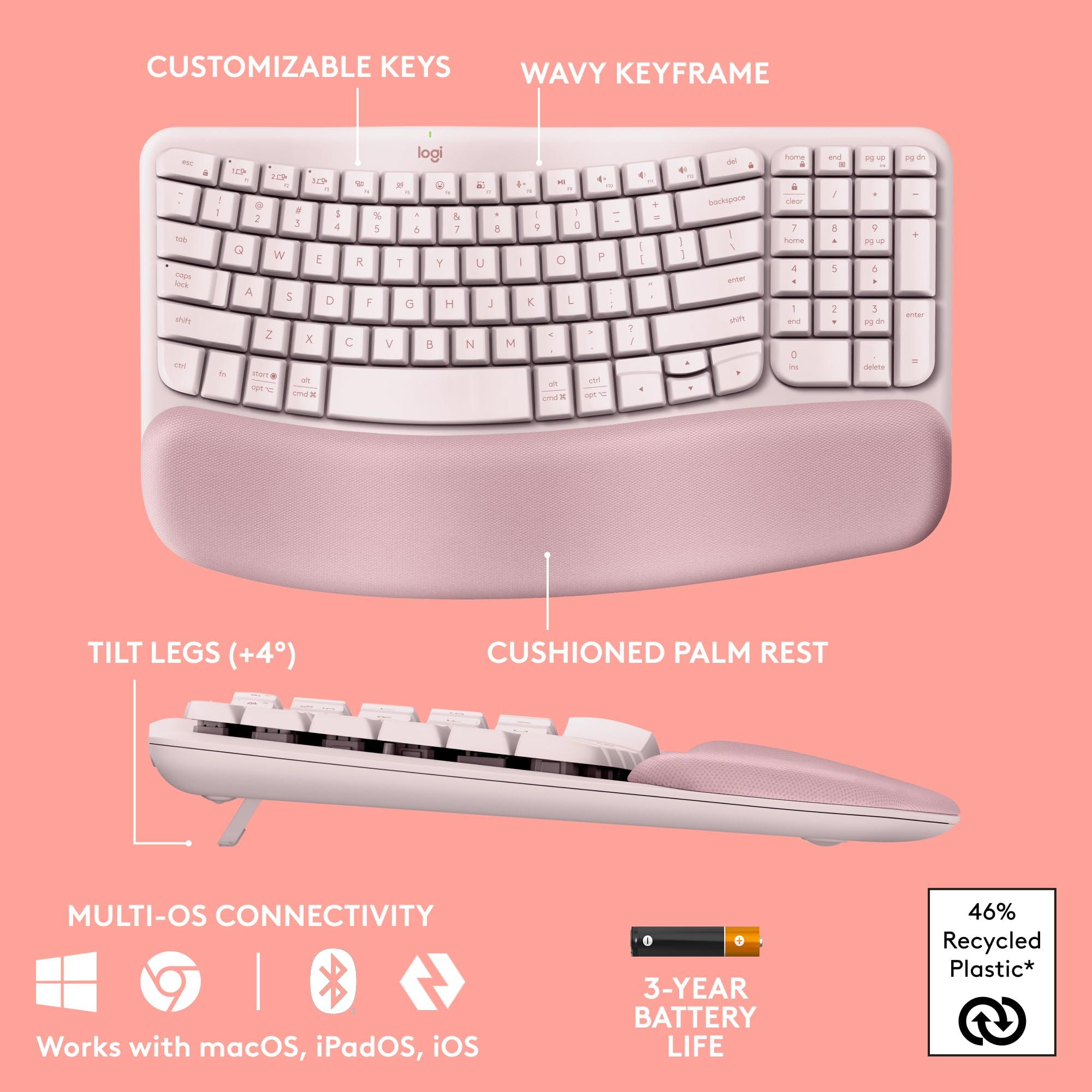 Logitech Wave Keys Wireless Ergonomic Keyboard with Cushioned Palm Rest, Comfortable Natural Typing, Easy-Switch, Bluetooth, Logi Bolt Receiver, for Multi-OS, Windows/Mac - Rose - Image 6
