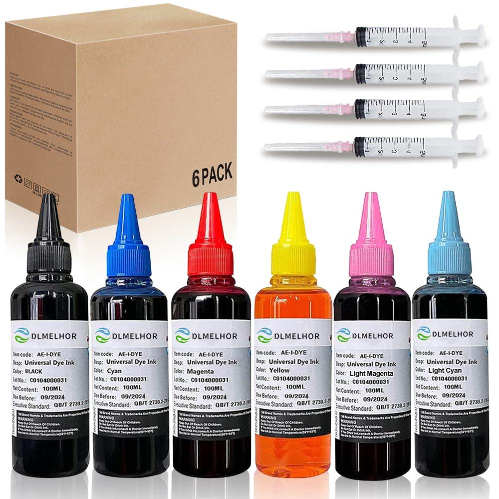 Universal Dye Ink Refill Kit for HP Canon Brother Lexmark Samsung Dell Kodak Inkjet Printers 6 Color Set 6pcs(BK+CMY+LC+LM) Compatible Cartridges Refillable Cartridge CISS CIS System with 4 Syringes