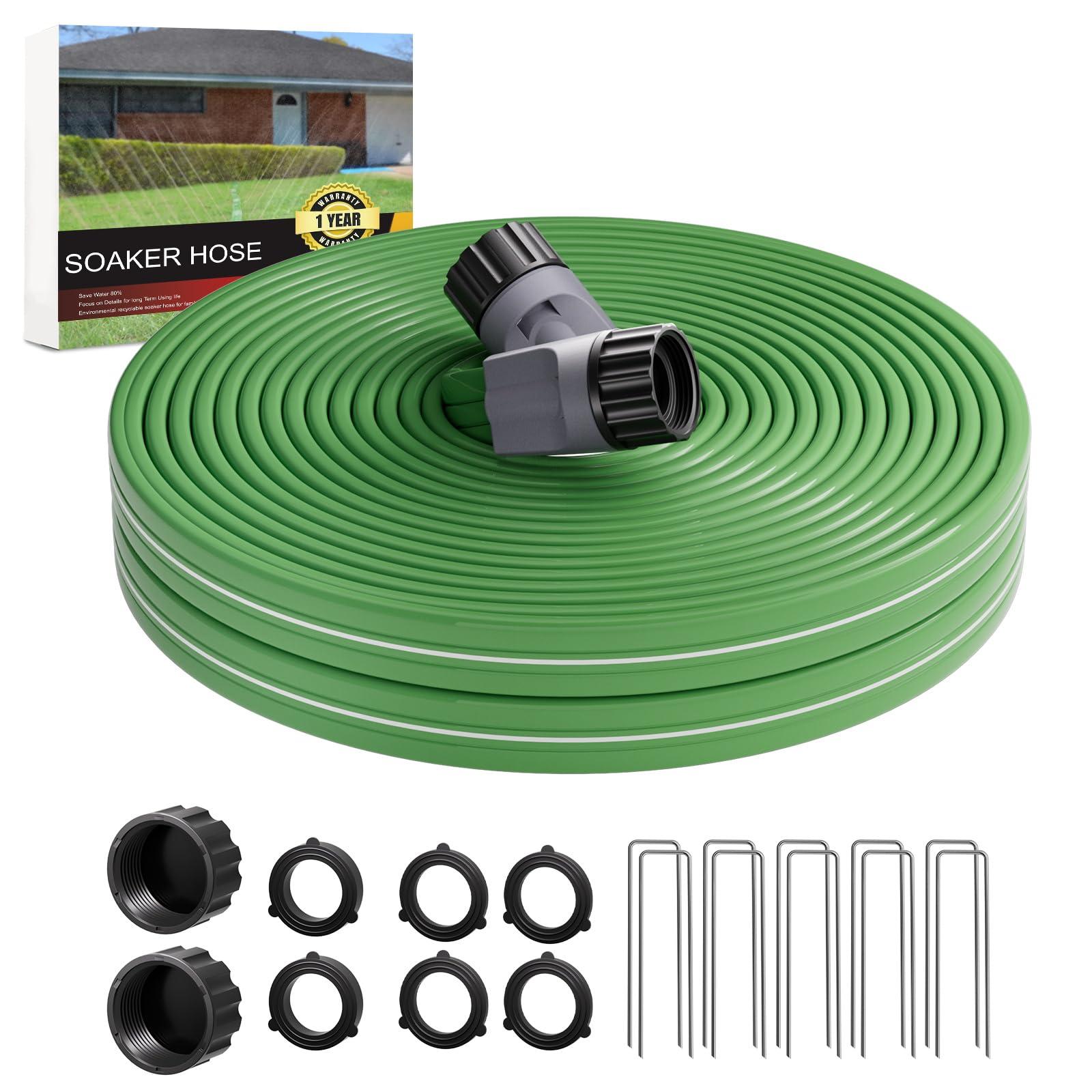 Haeteir 50 FT Garden Soaker Hose with 10 Stakes, Durable Flat Water Hose for Lawns, Gardens & Flower Beds - Leak-Proof, Water-Saving Irrigation Tubing with Multi-Directional Spray (Up to 8 FT Range)