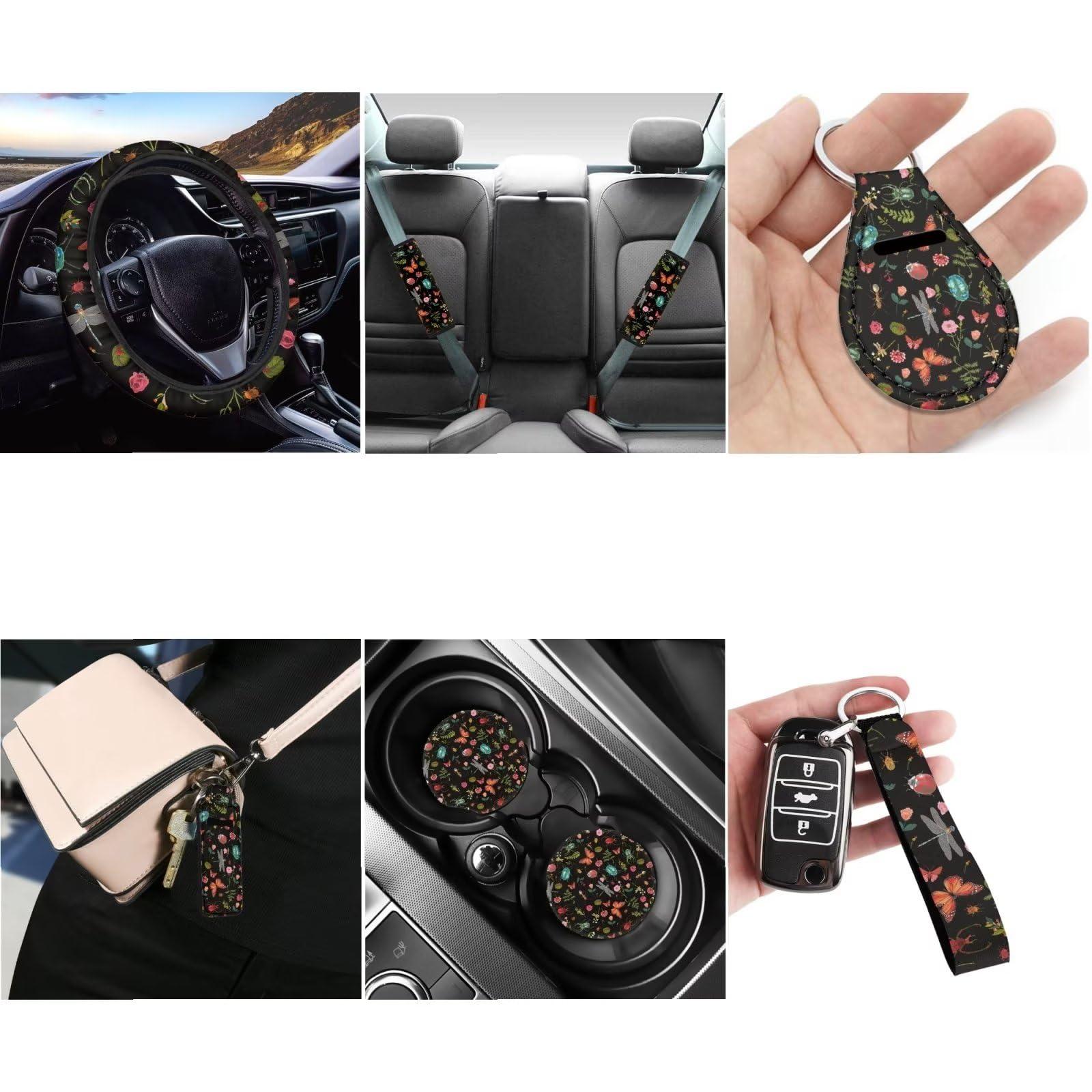 FUIBENG Wild Forest Daisy Auto Seat Covers with Cute Animal,12 Pcs Full Set Car Front Split Bench Seat Covers+Elastic Steering Wheel Wrap+Safety Seatbelt Pad+Key Chain Sets for Women Men - Image 4