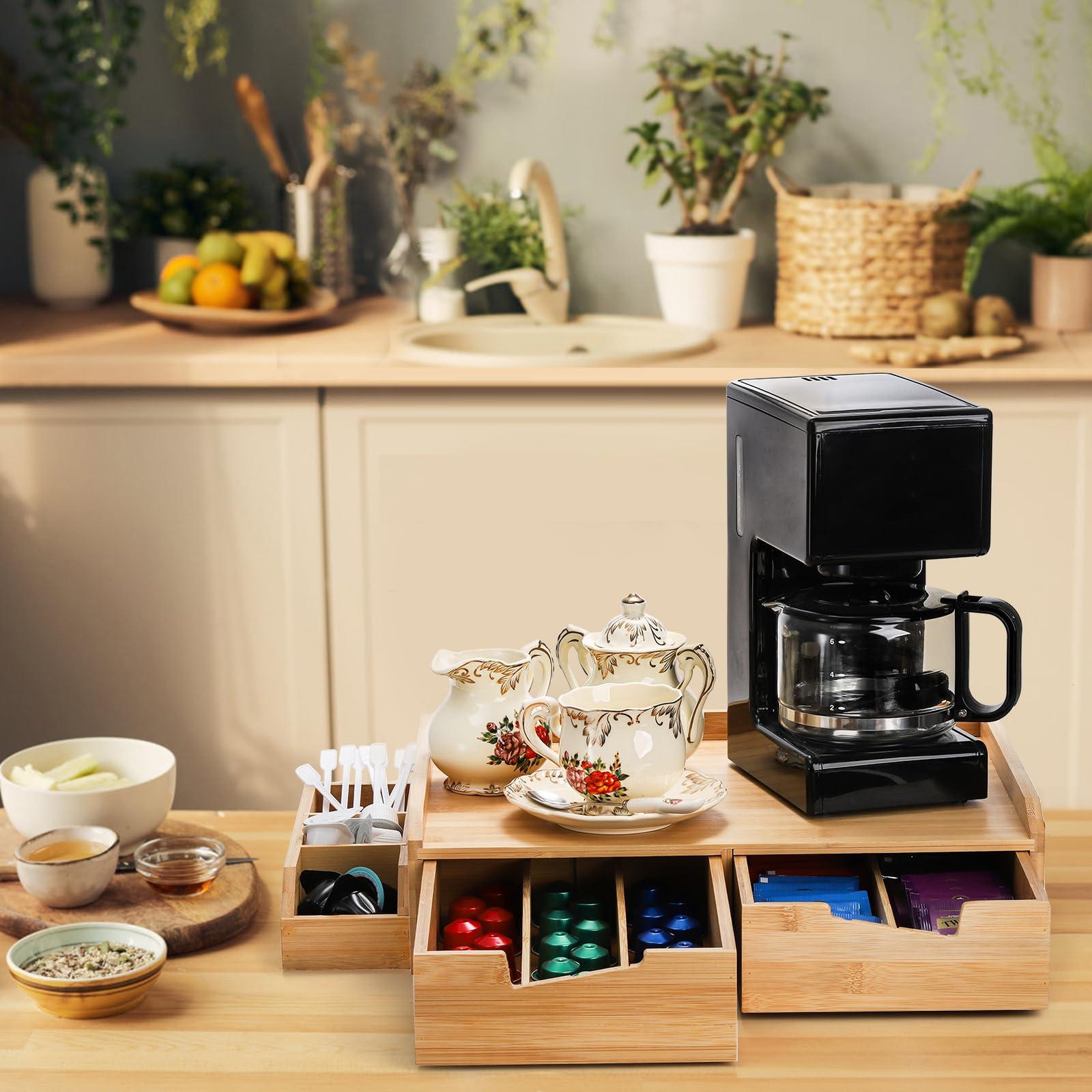 SOUJOY Bamboo Drawer Organizer for Coffee Pod, K Cup Organizer for Counter, Tea Bag Storage Organizer with Drawer and Side Storage Box for Kitchen Office Coffee Bar - Image 2