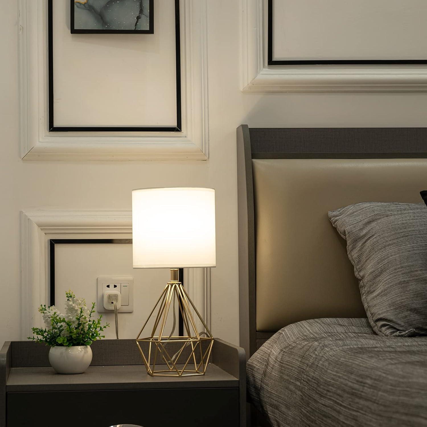 COTULIN Gold Modern Hollow Out Base Bedroom Small Table Lamp,Bedside Nightstand Lamp with Geometric Metal Base White Fabric Shade,Cute Desk Lamp for Kids Living Room - Image 4