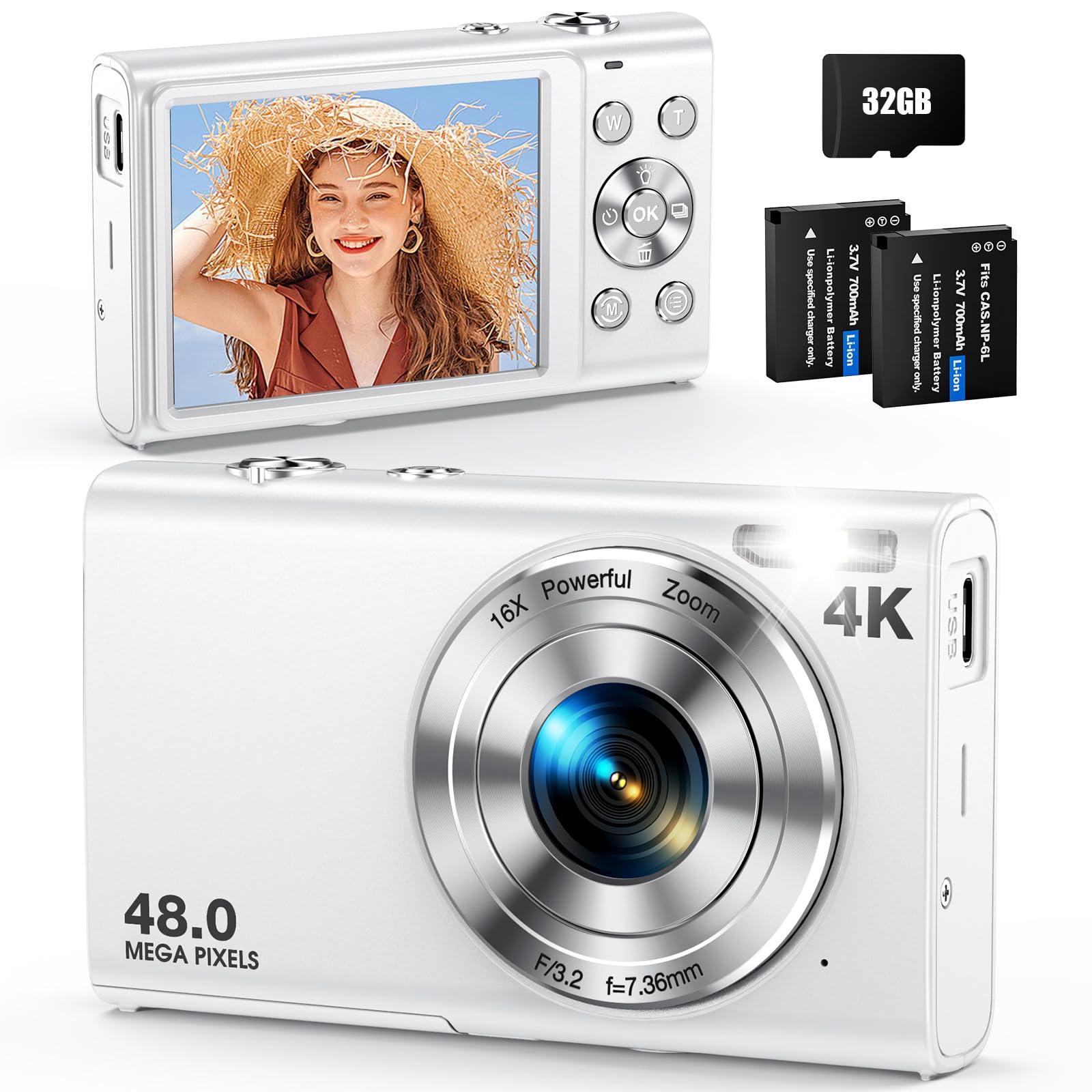 Digital Camera, Autofocus 48MP UHD 4K Vlogging Camera 16X Digital Zoom, Portable Compact Point and Shoot Digital Camera for Teens Adult Beginner with 32GB Card, 2 Batteries, Lanyard(White)