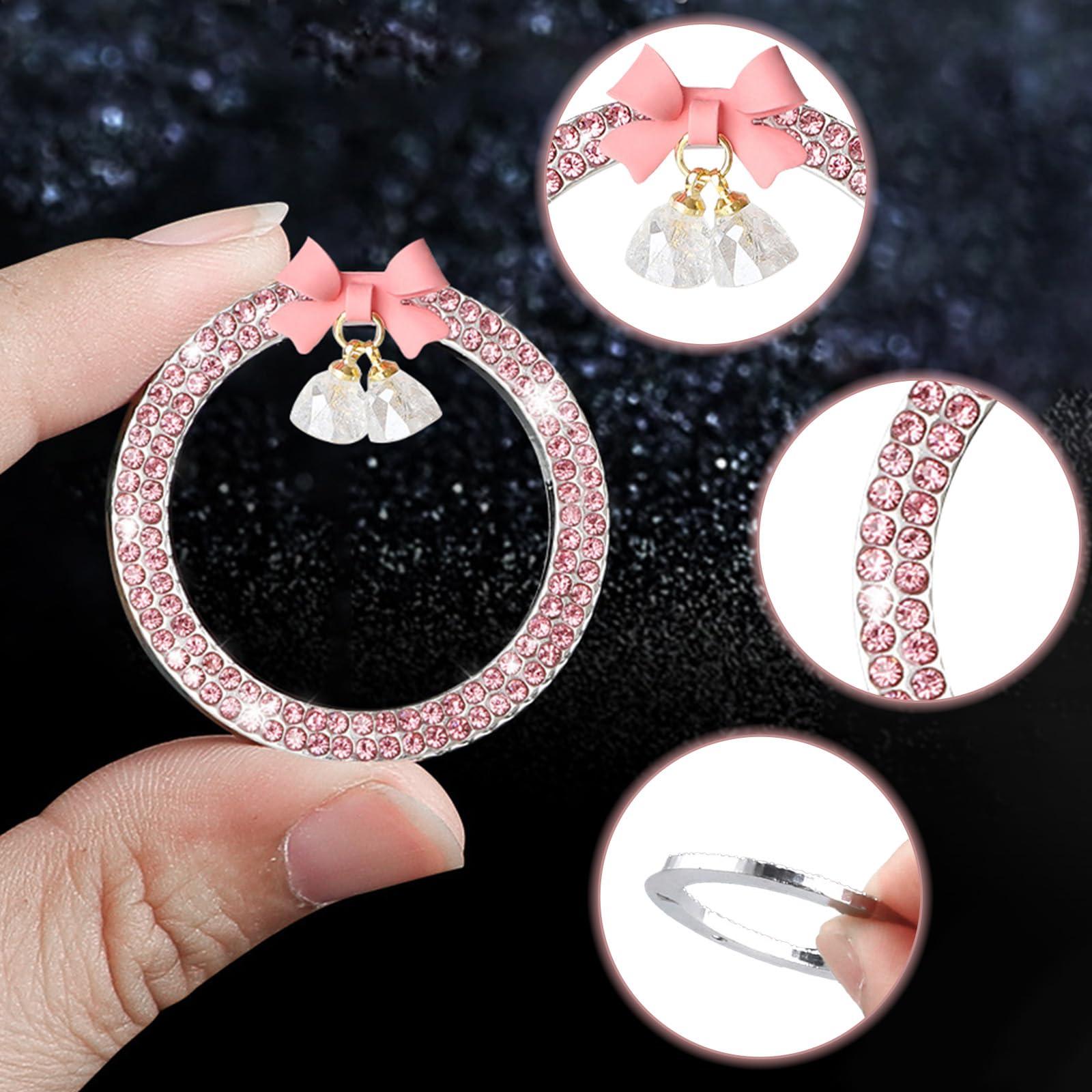Pink Car Start Button Cover Sticker, Pink Bow Crystal Bell Start Decals, Key Ignition Knob Bling Ring, Automotive Interior Accessories Decoration for Women Girl - Image 3
