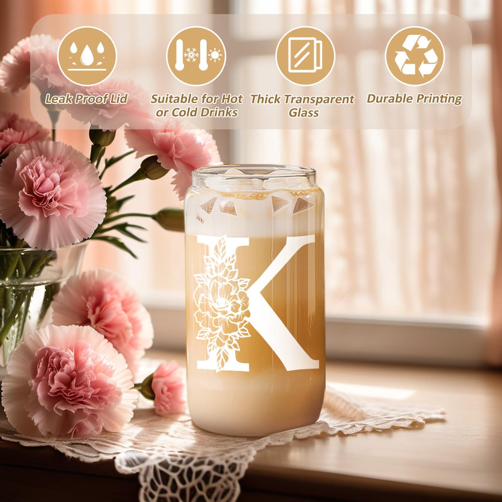 Coolife Initial Glass Cup, Monogrammed Gifts for Women, 16 oz Glass Cups w/Lids Straws, Iced Coffee Smoothie Beer Tumbler w/Straw Lid - Personalized Christmas, Birthday Gifts for Her Mom Friend - Image 3