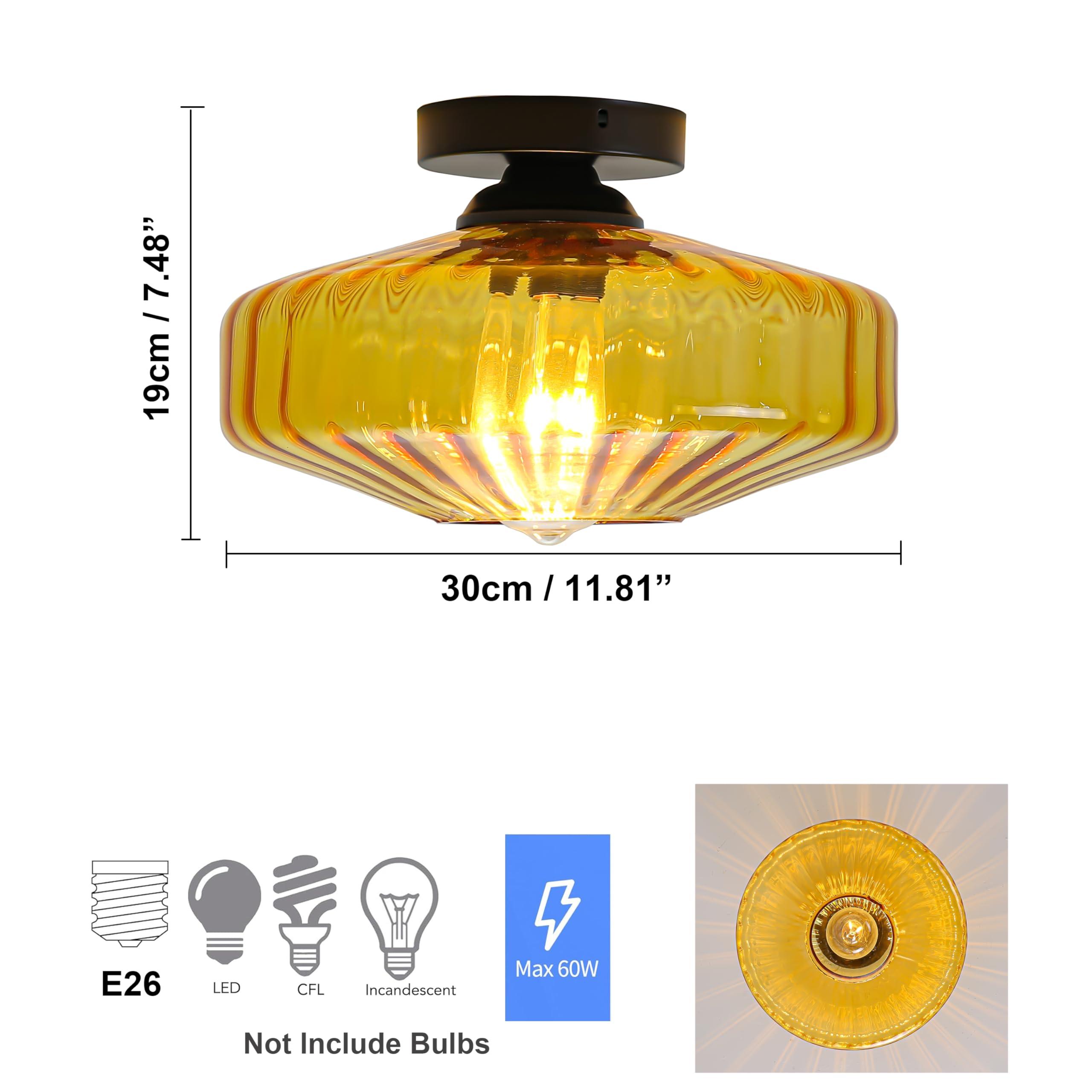 FCTWAKS Semi Flush Mount Ceiling Light, 11.8" Mid Century Modern 1-Light Close to Ceiling Light Fixtures with Drum Amber Glass Shade for Bedroom Entryway Hallway Porch Foyer - Image 3