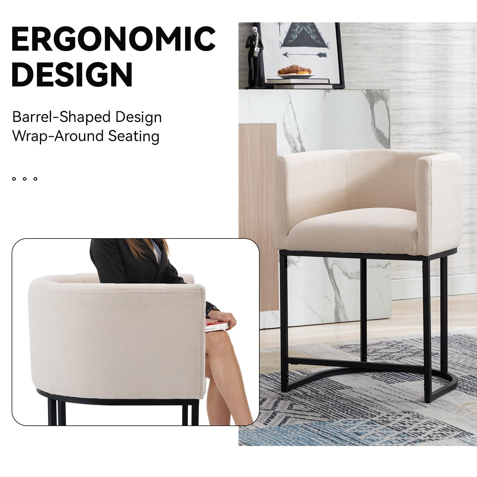 RIVOVA Contemporary Cream Linen Bar Stools Set of 3, 24" Upholstered Fabric Counter Height Barstools Kitchen Counter Island Stools with Screwed Together Black Metal Base - Image 4