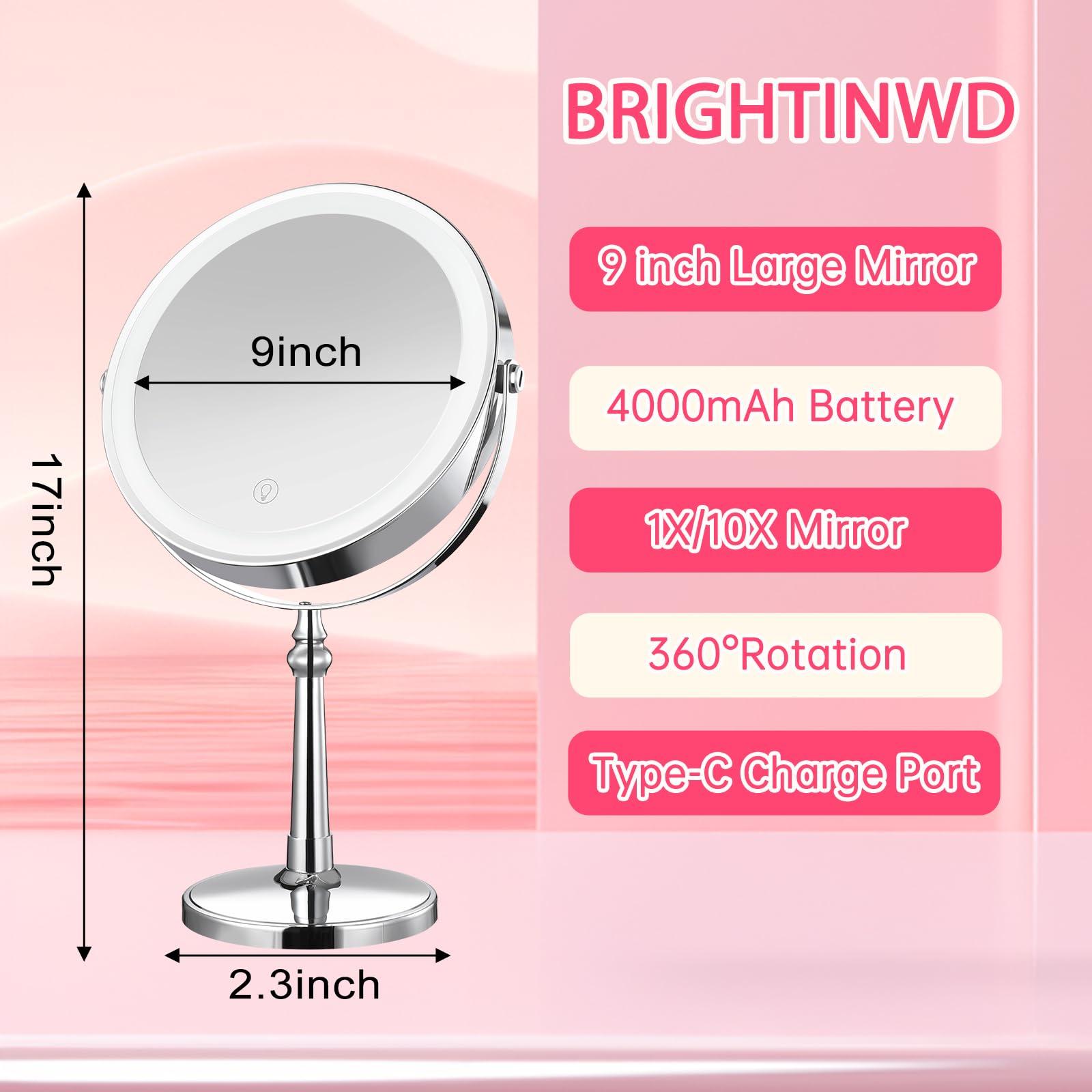BRIGHTINWD 9" Large Lighted Makeup Mirror, 1X/10X Magnifying Mirror with Lights, 360 Rotate Touch Screen Vanity Light up Mirror with 3 Color Lights, Brightness Adjustable - Image 2