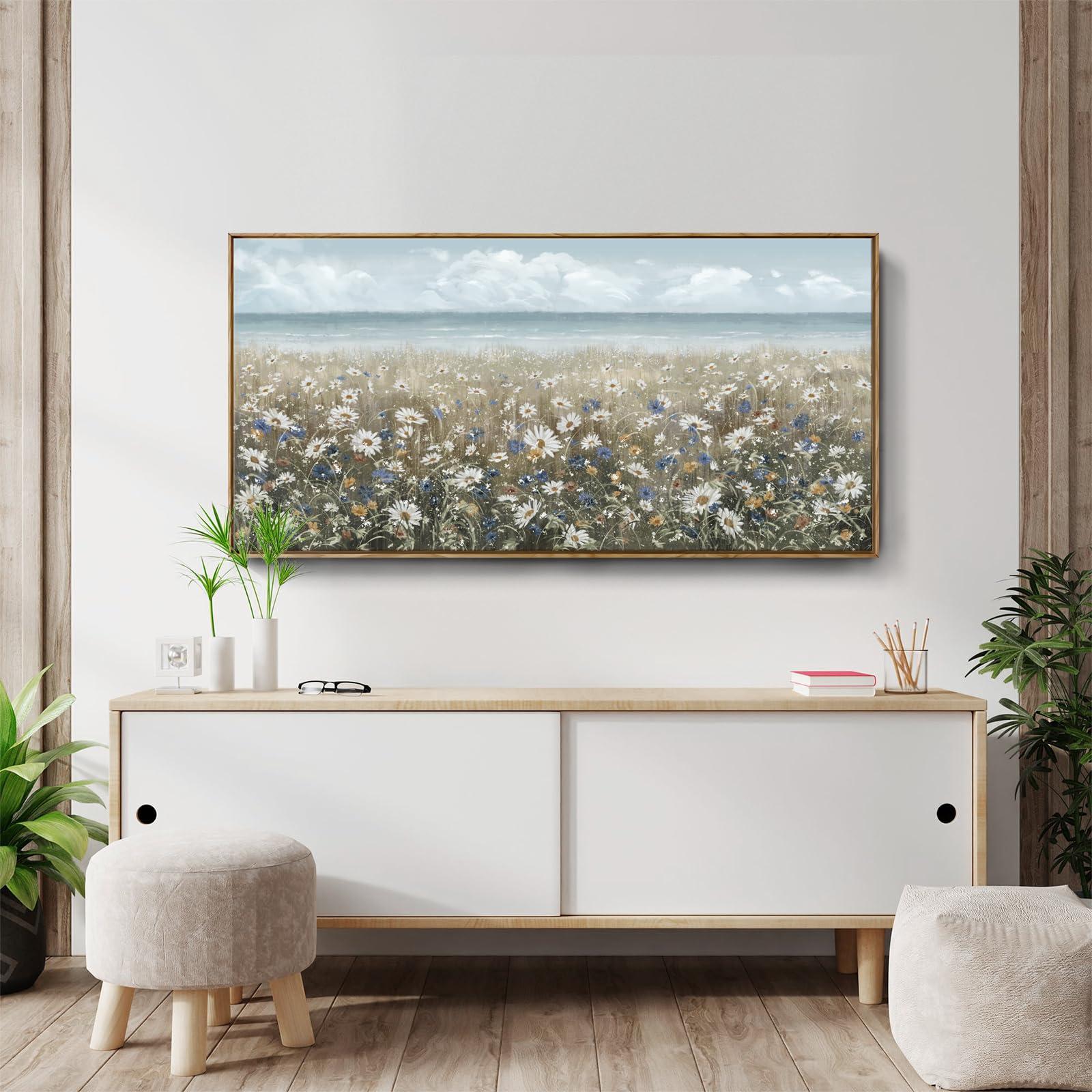 amatop Large Wall Art for Living Room Framed Boho Beach Coastal Floral Ocean Wall Picture Farmhouse Daisy Flower Sea Canvas Print Nautical Neutral Vintage Warm Artwork Home Bedroom Office Decor 48x24 - Image 7