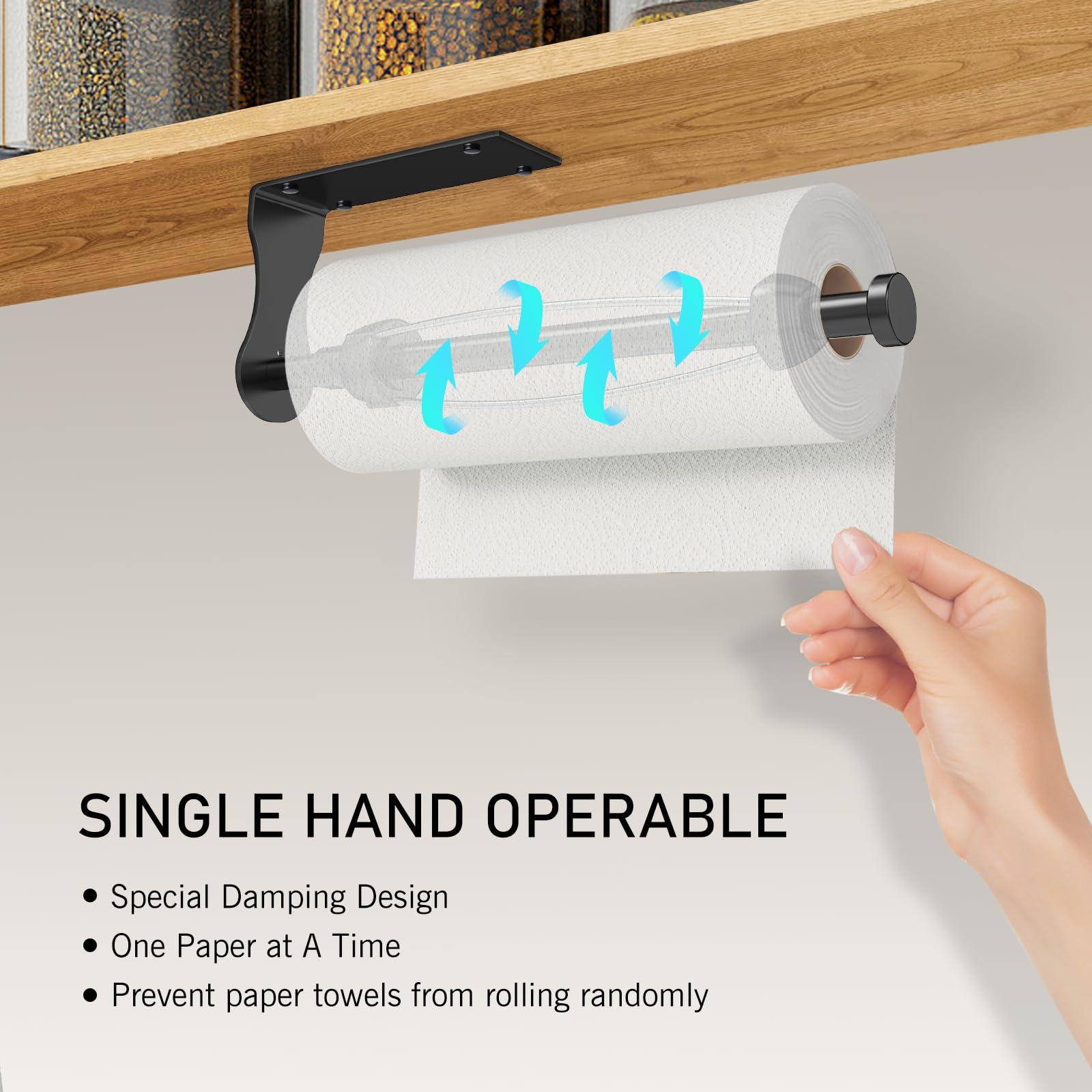 SetSail Paper Towel Holder, Single Hand Operable Paper Towel Holder Under Cabinet with Adjustable Damper Easy Tear Wall Mount Self-Adhesive or Drilled for Kitchen Bathroom, Black - Image 5