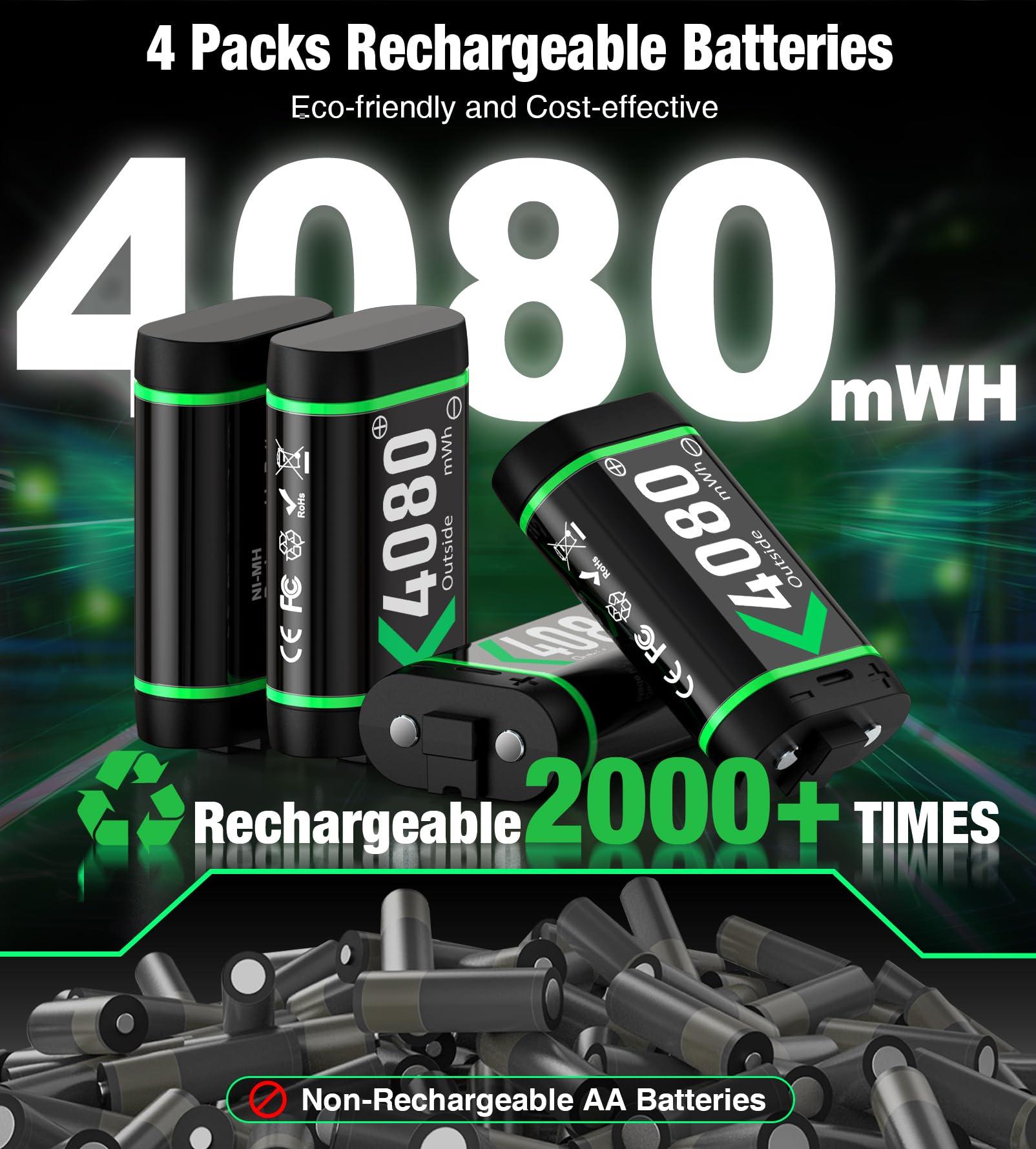 Upgraded Fast Charging Rechargeable Battery Packs for Xbox, 4 x 4080mWh Xbox Controller Batteries with Charger Dock & Light Control for Xbox Series X|S, One S/X/Elite Controllers, Console Accessory - Image 5