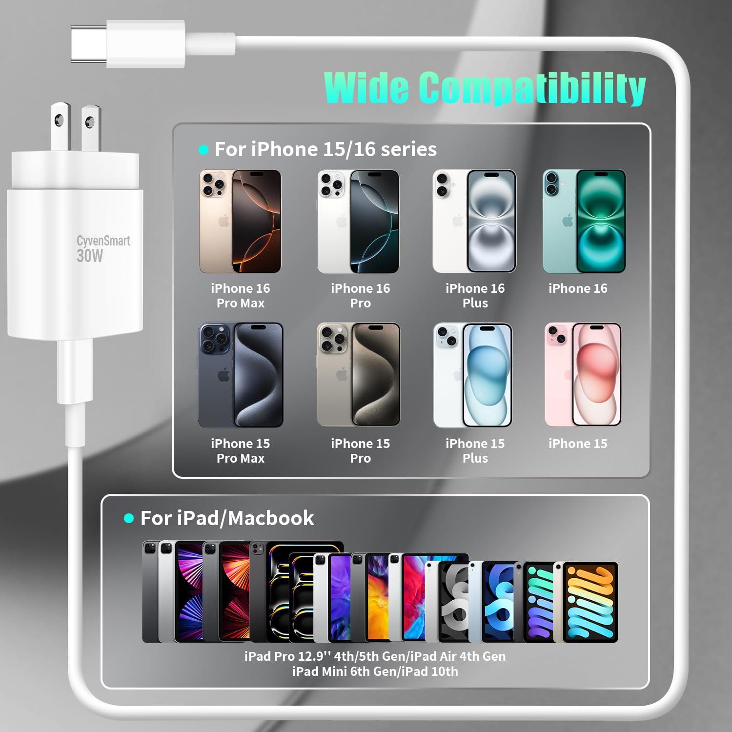 USBC Charger Block for iPhone 16 15 Pro Max Plus Charger Fast Charging,30w Usb-C Fast Charger Adapter 6+10Ft USB Type C to USB C Cable for I Phone 16 15 ProMax Plus iPad Pro Air Mini-30 Watt Certified - Image 5