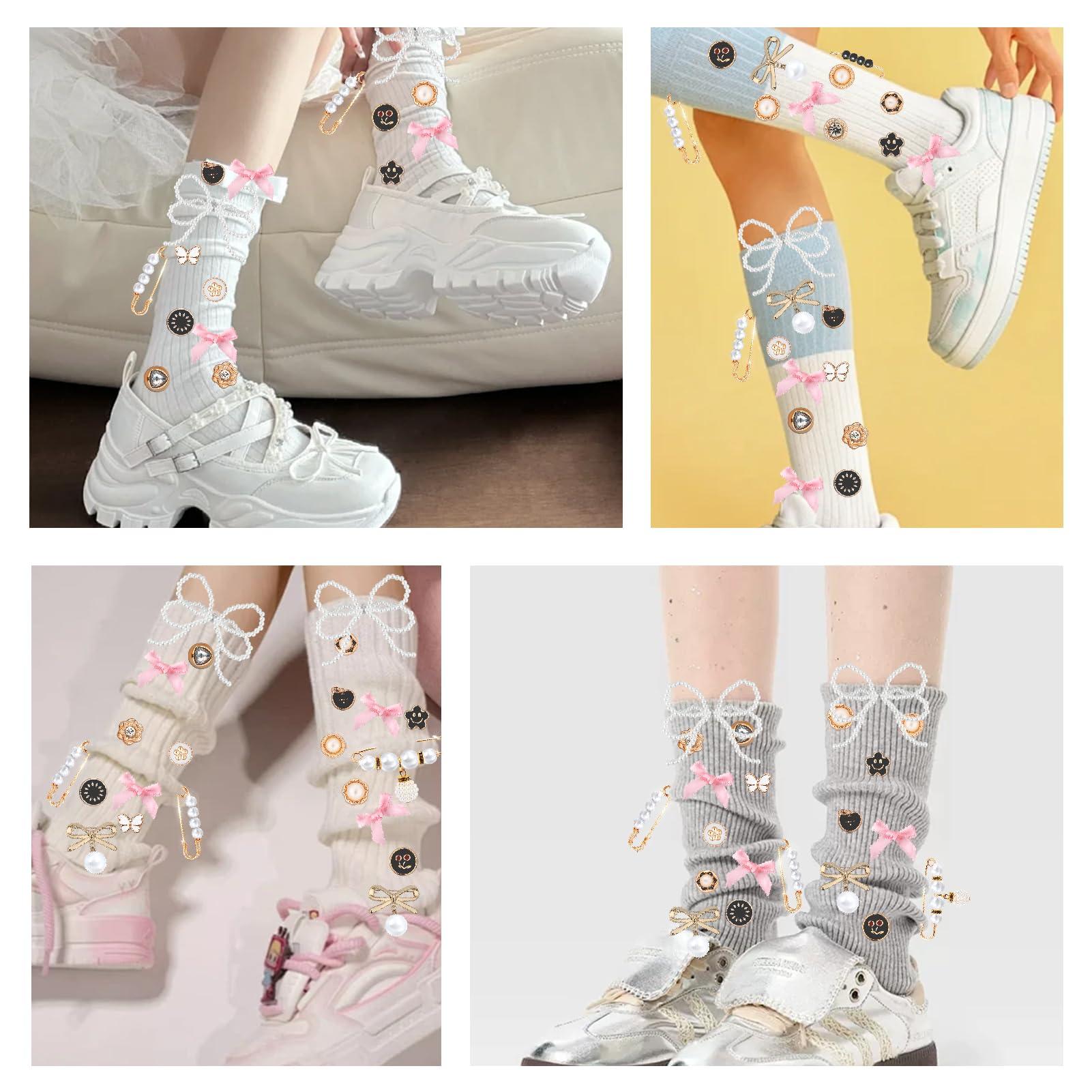 52Pcs Shoe Charms for Sneakers Bow Shoe Lace Charms Junk Sock Jewelry Kit for Women DIY Accessories Rhinestone Brooch Buttons Pearl Flower Clips Safety Pin Gold for Sneaker Hat Clothes Decoration - Image 4