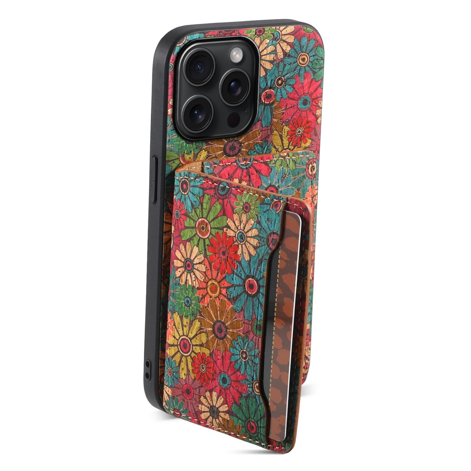 GuluGuru for iPhone 16ProMax Cork Wood Phone Case, Retro Floral Colorful Flower Printing Magnetic Folio Flip ID/Credit Card Holder Slot Back Cover Bag, Kickstand Support - Image 6