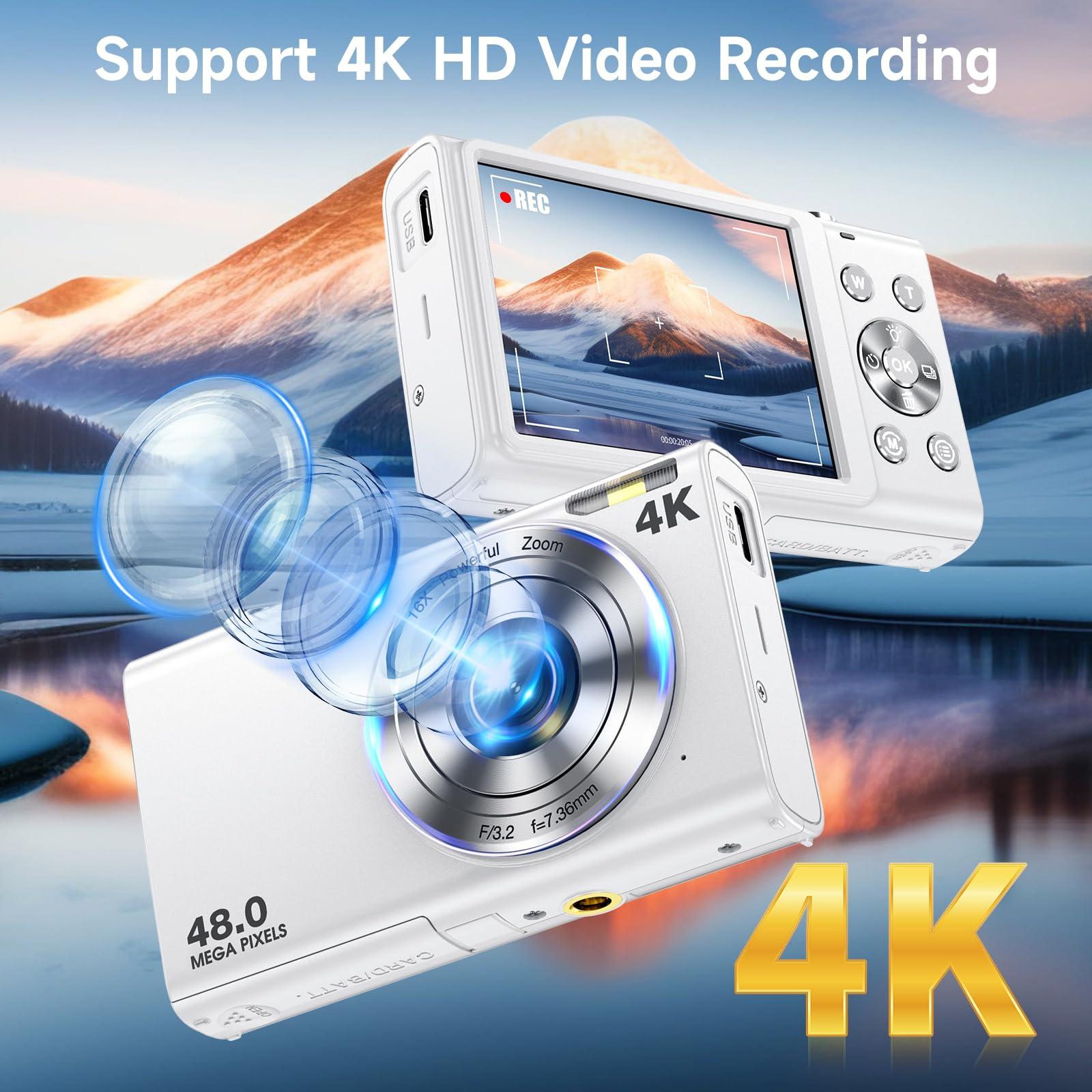 Digital Camera, Autofocus 48MP UHD 4K Vlogging Camera 16X Digital Zoom, Portable Compact Point and Shoot Digital Camera for Teens Adult Beginner with 32GB Card, 2 Batteries, Lanyard(White) - Image 3