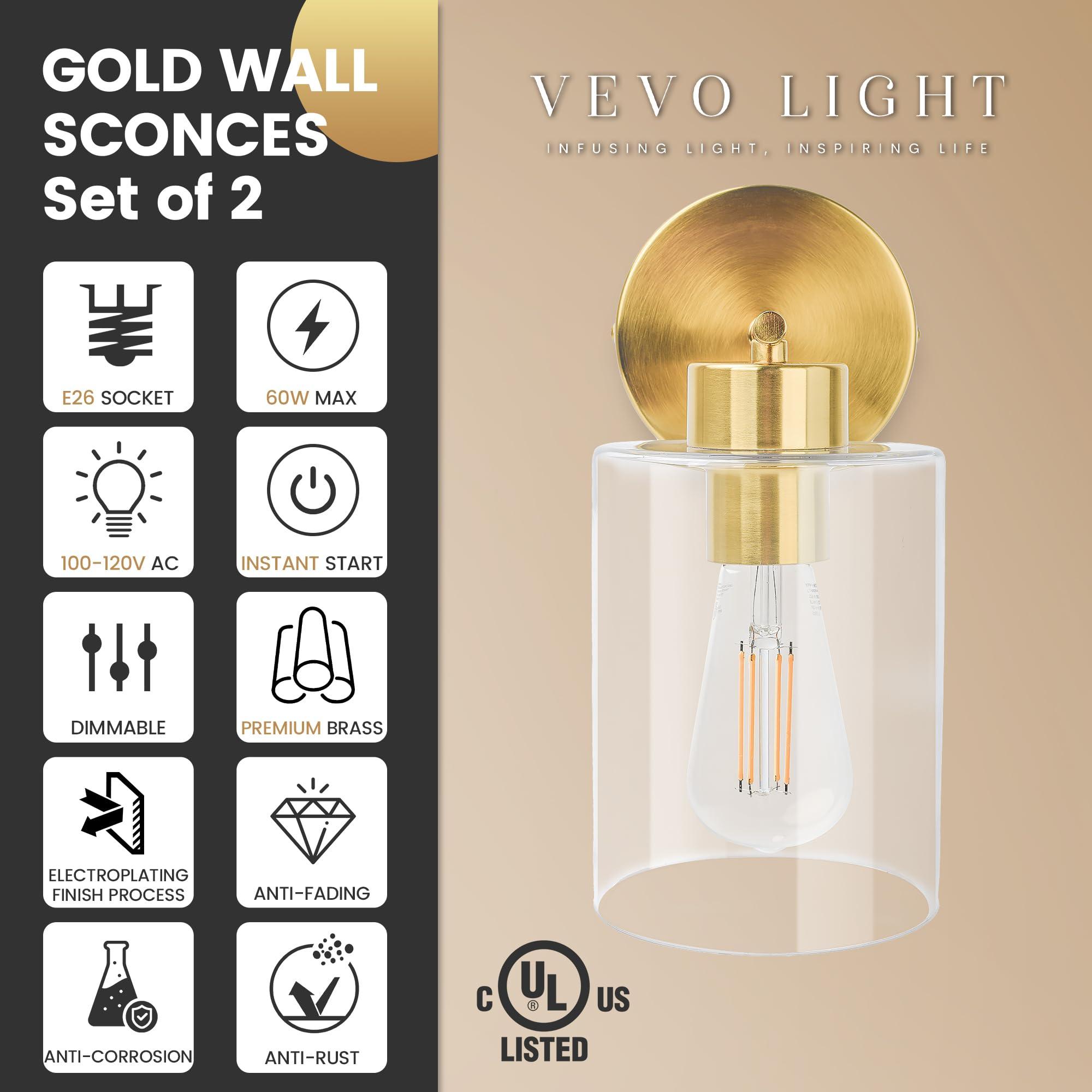 VEVOLIGHT® Gold Wall Sconces Set of Two | Gold Wall Decor Living Room | Wall Lights for Bedroom | Bathroom Light Fixtures | Modern Industrial Wall Sconce | Lighting UL Listed (Lodge) - Image 3
