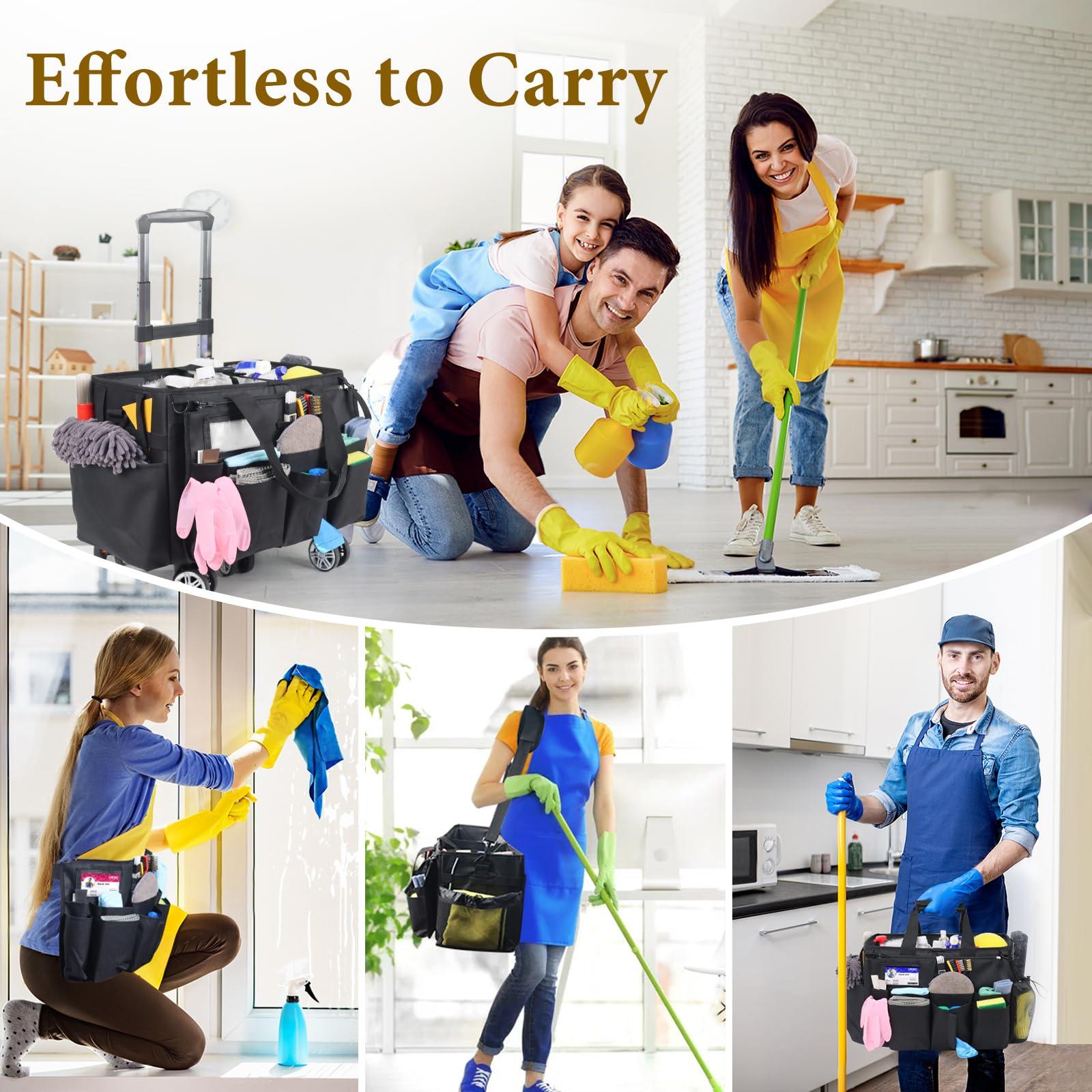 Rolling Cleaning Caddy Bag with Detachable Trolley, Multi-Functional Portable Cleaning Cart Supplies Organizer for Housekeeping and Domestic Cleaning, Cleaning Caddy with Wheels, Black - Image 3