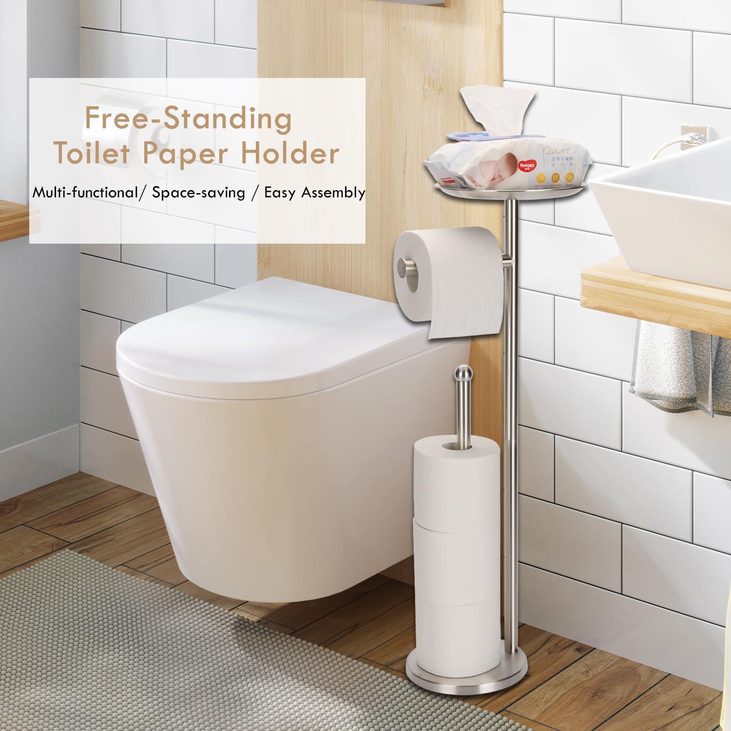 Kalitro Toilet Paper Holder Freestanding with Big Shelf, 4 Rolls Reserve Paper Holder Stand, Modern Paper Roll Holder with Storage Space for Phones (Brushed Nickel) - Image 2