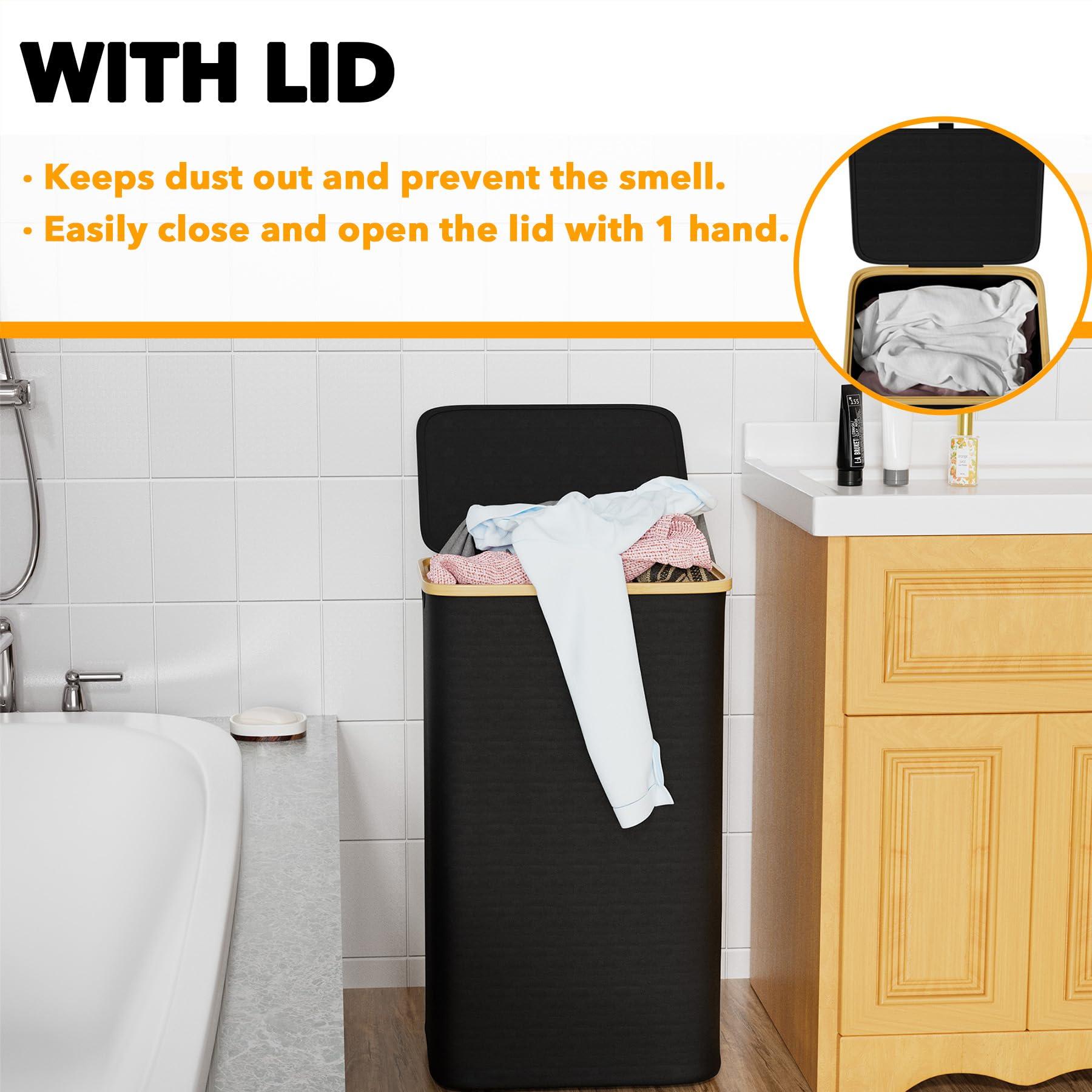 SpaceAid Laundry Hamper with Lid, 110L Large Tall Clothes Basket Bin with Bamboo Handles, Collapsible Laundry Hamper for Bedroom, Bathroom, Dorm, Laundry Room - Black - Image 5