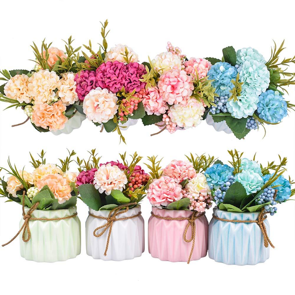 XONOR Artificial Flower Plants – Mini Fake Hydrangea Flowers in Pot for Home Decor Party Wedding Office Patio Table Desk Decoration, Set of 4, 3.3''(D) x 5.5''(H)